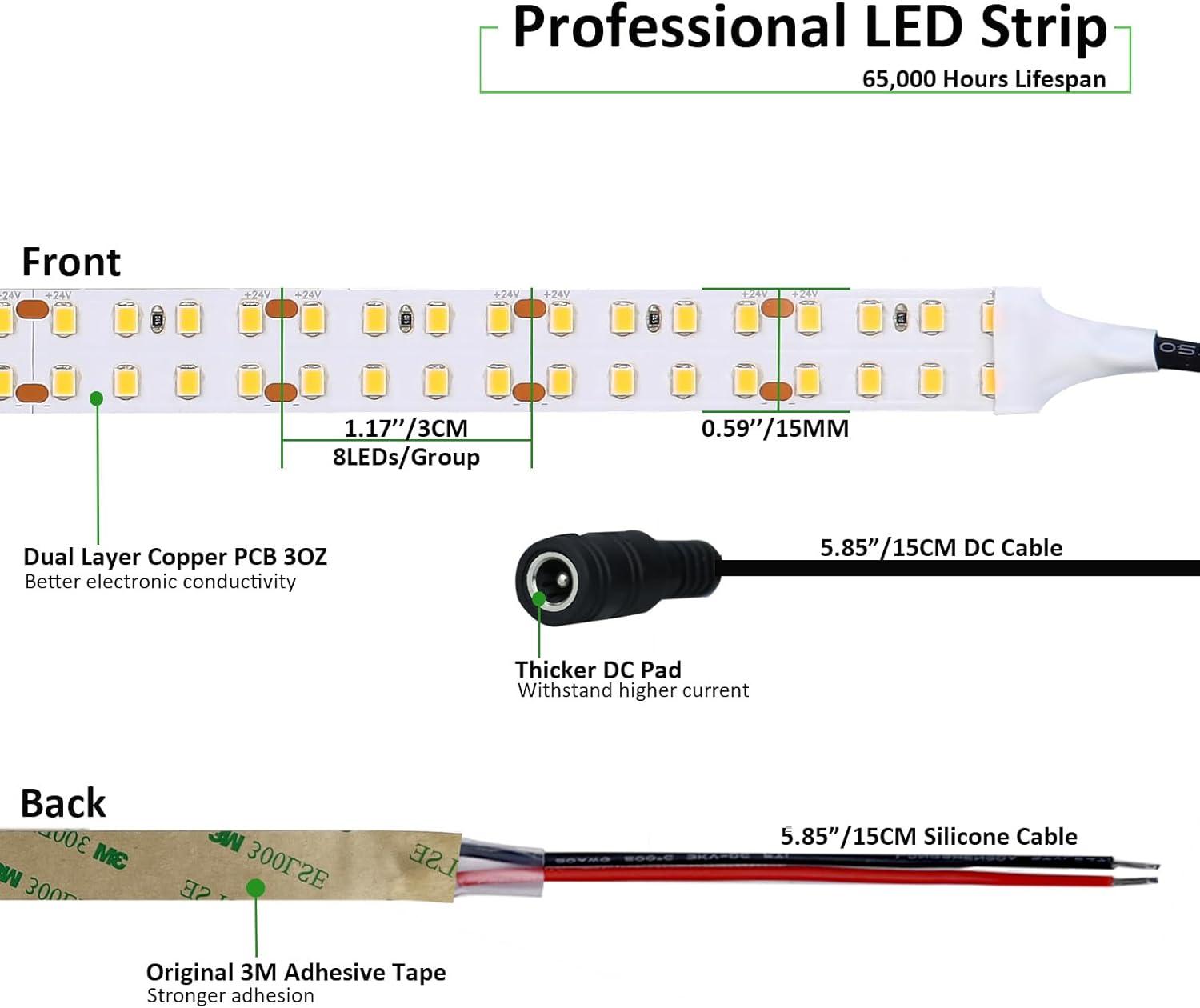 JOYLIT 24V LED Strip Warm White 3000K Dual Row 272LEDs/M 16.4FT, UL Listed Pro 792LM/FT CRI 92+ Dimmable Tape Lights 120W, 13000LM Ultra Bright Task Light Strip for Commercial, Home