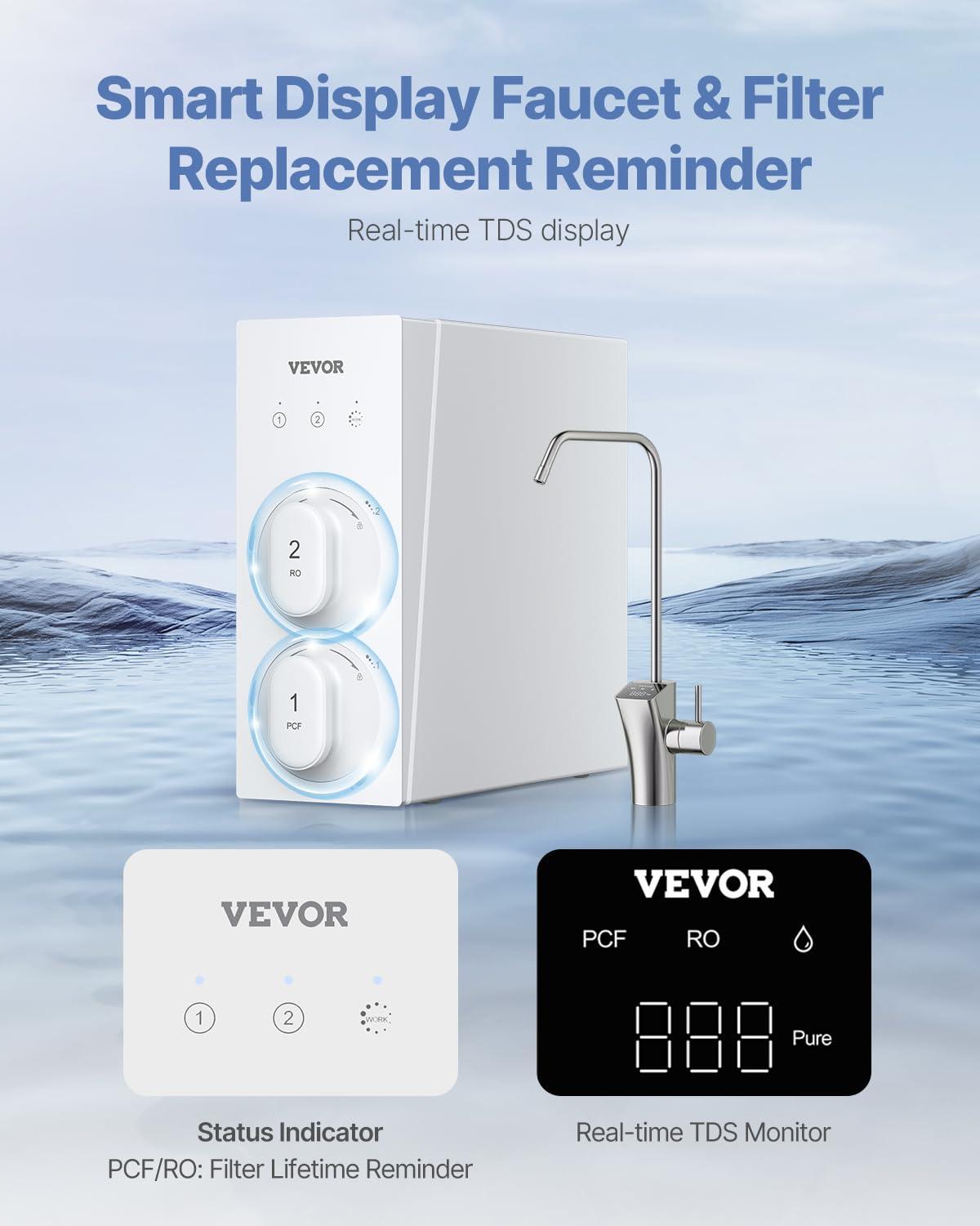 VEVOR Reverse Osmosis System, 800 GPD 8-stage Tankless Reverse Osmosis Water Filter, NSF Certified TDS Reduction, Under Sink Water Filtration System with Smart Display Faucet, 2:1 Pure to Drain Ratio