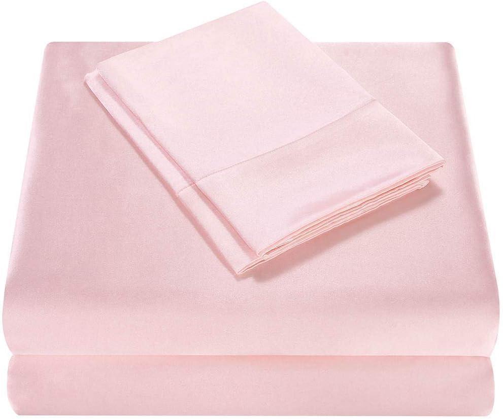 Homiest 4pcs Satin Sheets Set Luxury Silky Satin Bedding Set with Deep Pocket, 1 Fitted Sheet + 1 Flat Sheet + 2 Pillowcases (Queen Size, Blush Pink)