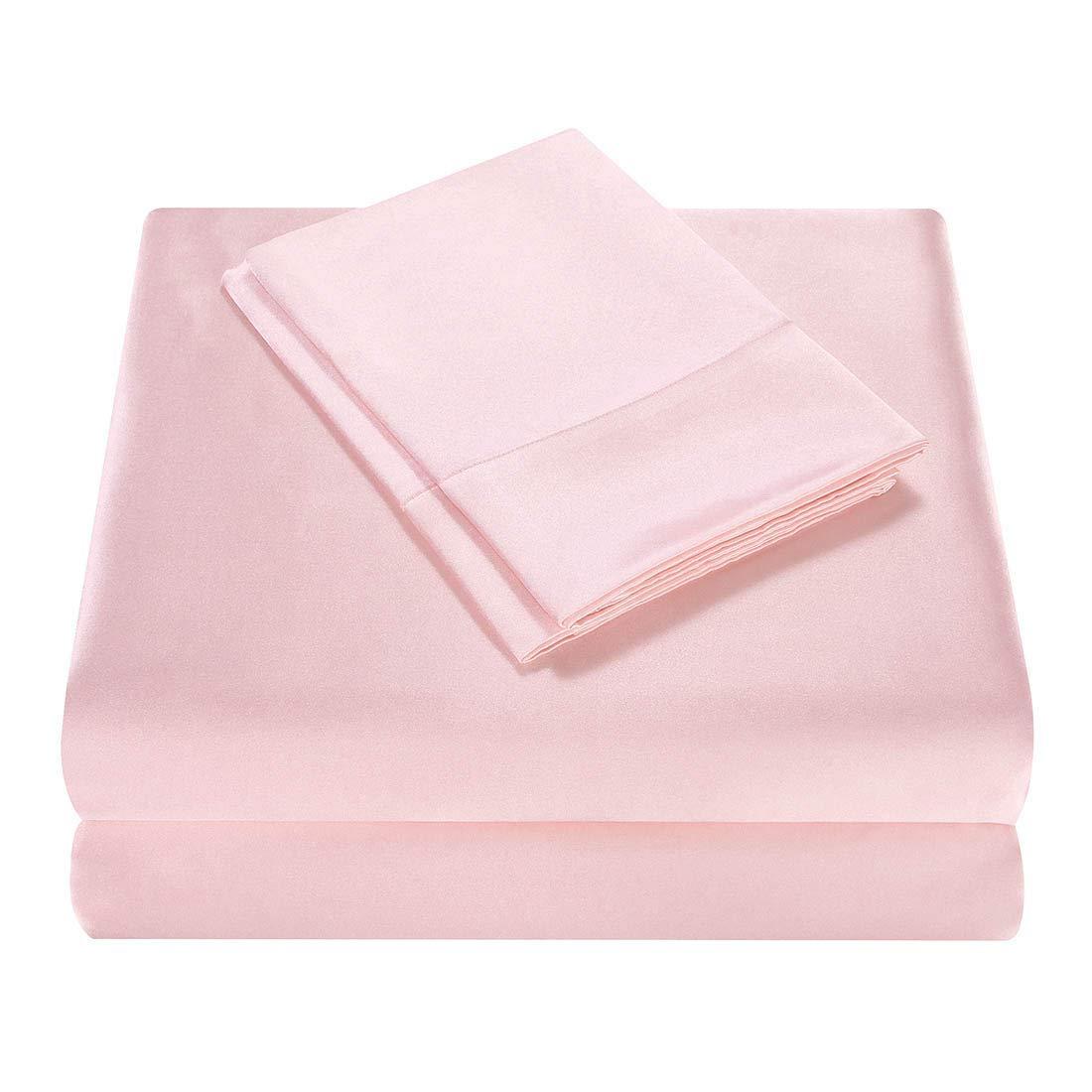 Homiest 4pcs Satin Sheets Set Luxury Silky Satin Bedding Set with Deep Pocket, 1 Fitted Sheet + 1 Flat Sheet + 2 Pillowcases (Queen Size, Blush Pink)