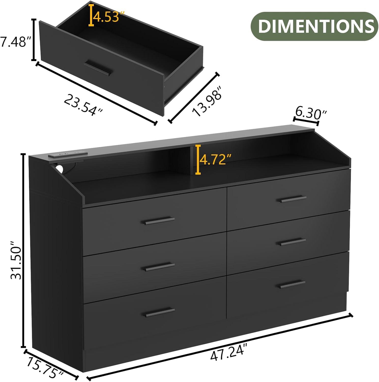 Gyfimoie 6 Drawers Dresser with Power Outlet, Chest of Drawers with LED Light, Modern Dresser with Open Storage Cubby, Double Wide Dresser Organizer for Bedroom, Living Room, Entryway, Hallway (Black)