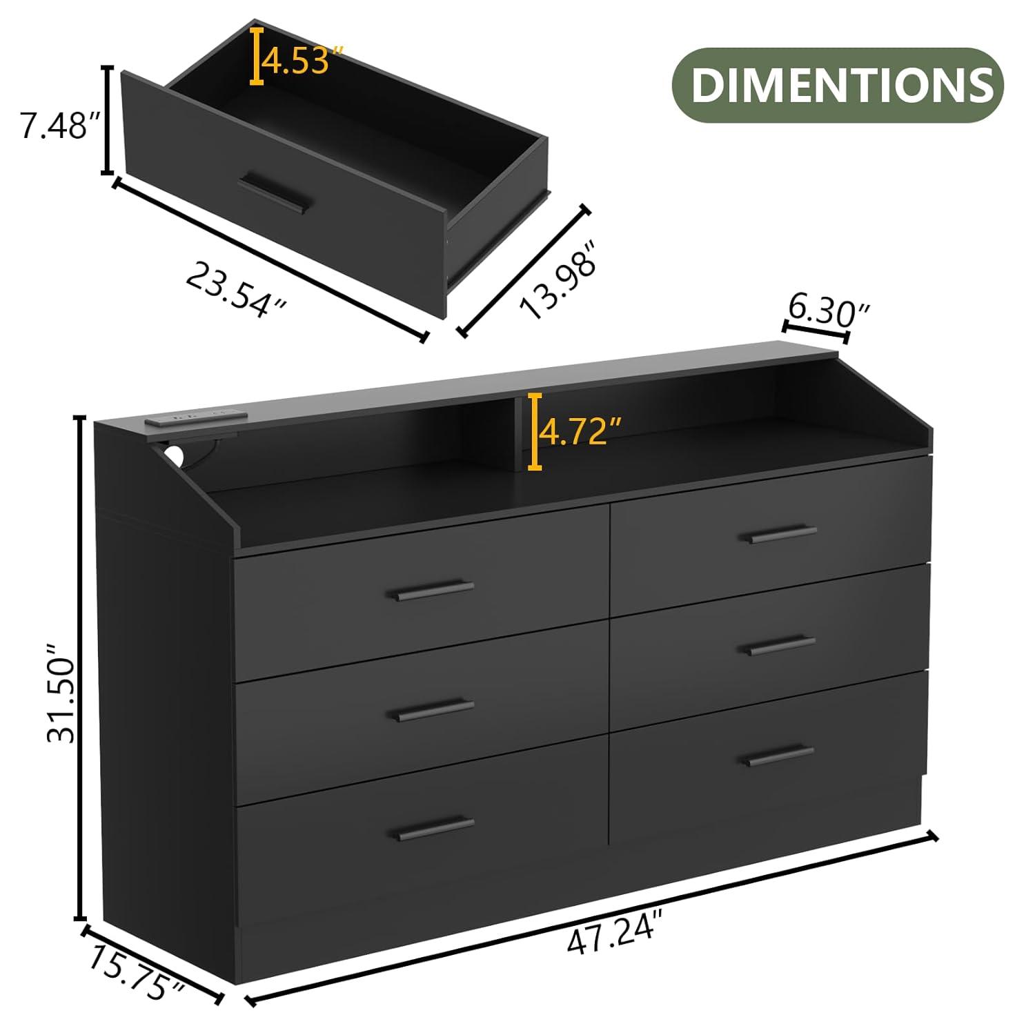 Gyfimoie 6 Drawers Dresser with Power Outlet, Chest of Drawers with LED Light, Modern Dresser with Open Storage Cubby, Double Wide Dresser Organizer for Bedroom, Living Room, Entryway, Hallway (Black)