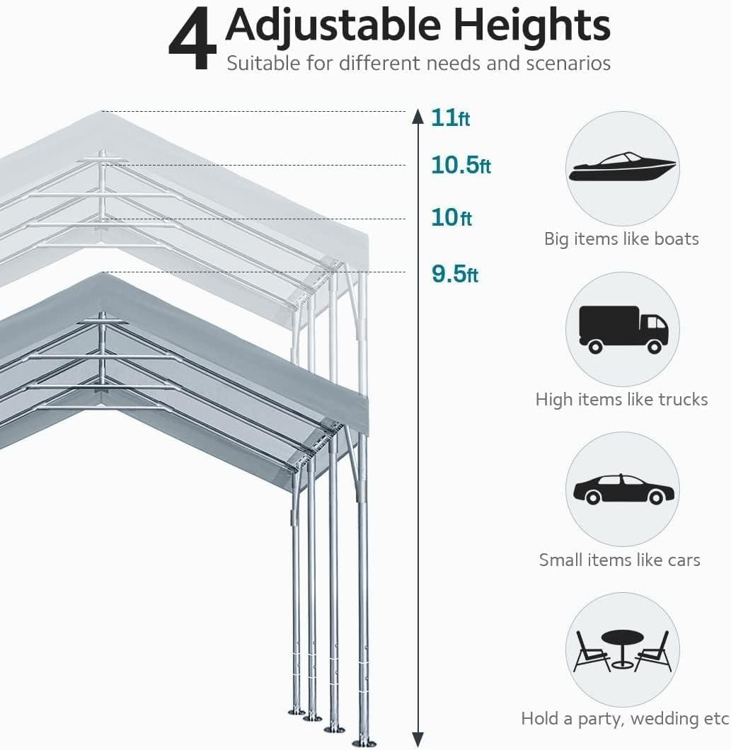 ADVANCE OUTDOOR 12x20 ft Carport Heavy Duty Car Canopy Event Canopy, 8 Legs with 8 Reinforced Poles and 4 Sandbags, Silver Gray