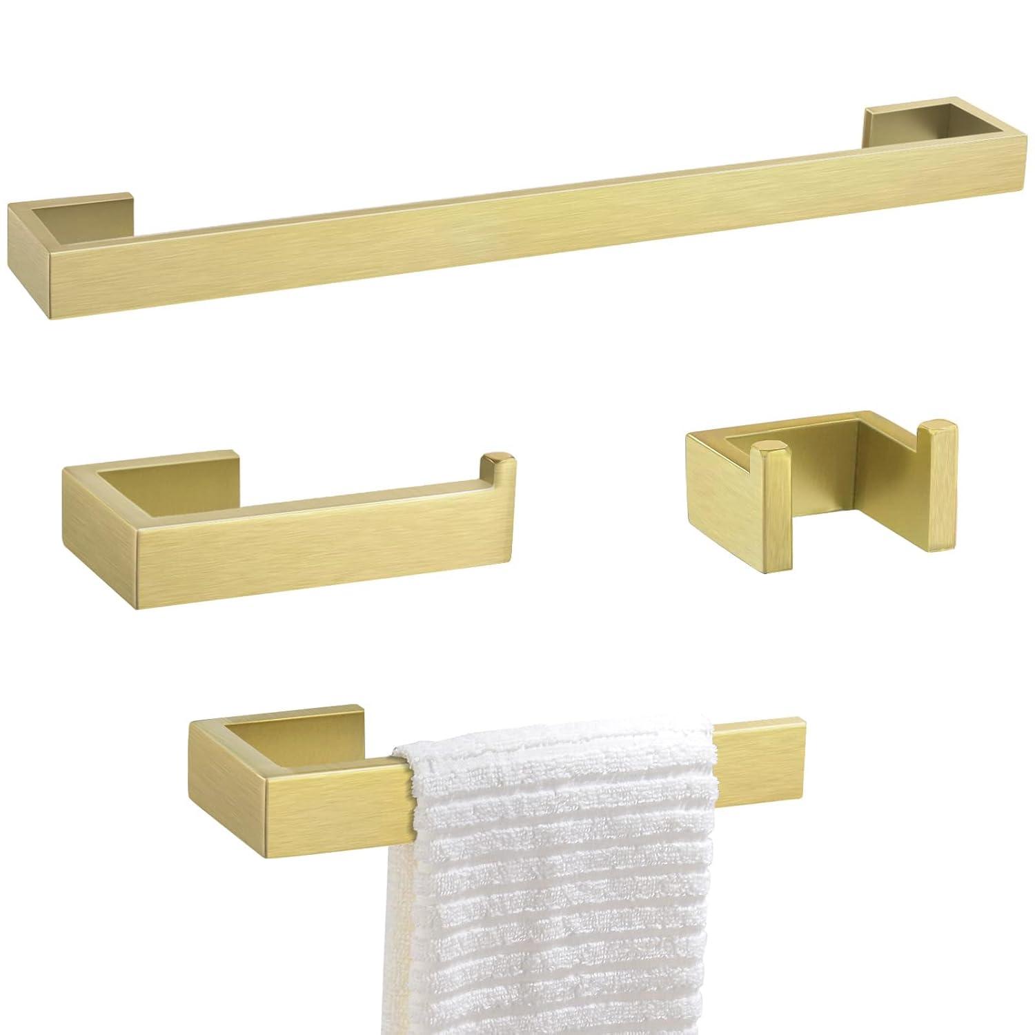 AWZTOO 4-Piece Bathroom Hardware Set Stainless Steel Towel Bar Set Towel Holder Toilet Paper Holder Robe Hook Wall Mount Accessory Set Brushed Gold