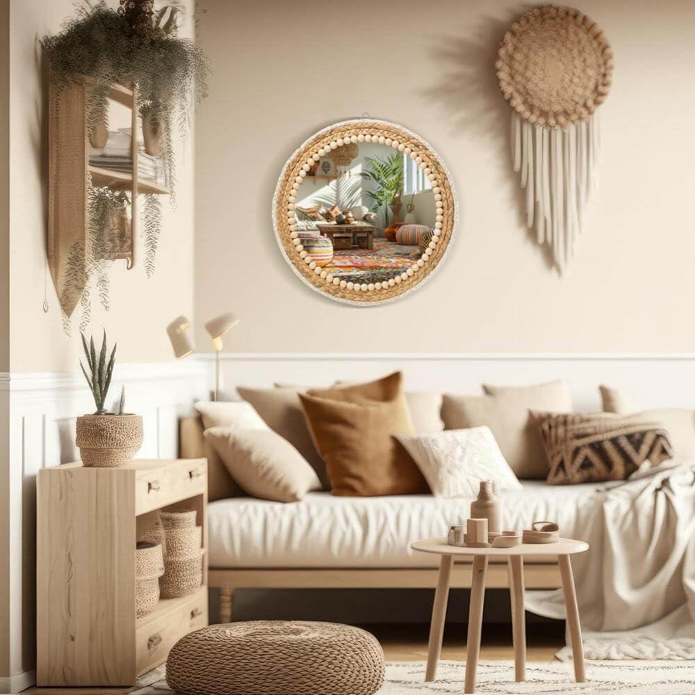 Boho Round Rattan and Wood Bead Wall Mirror, 15 Inch