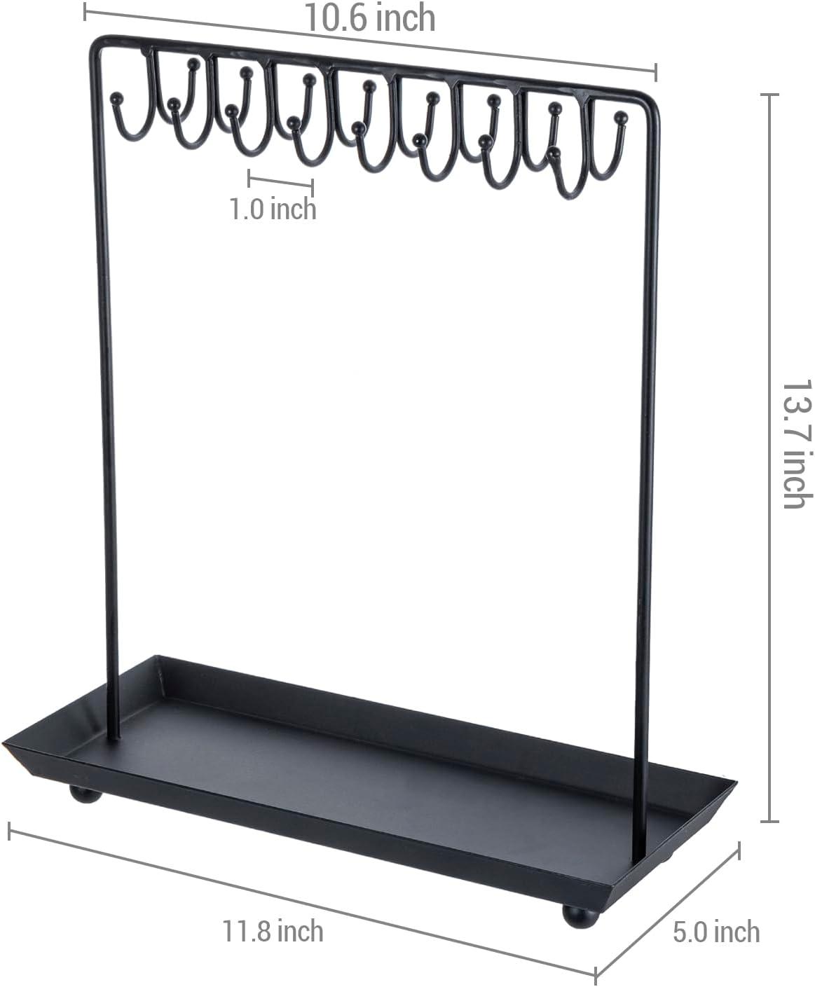 Black Metal 14-Inch Jewelry Organizer Stand with Hooks and Tray