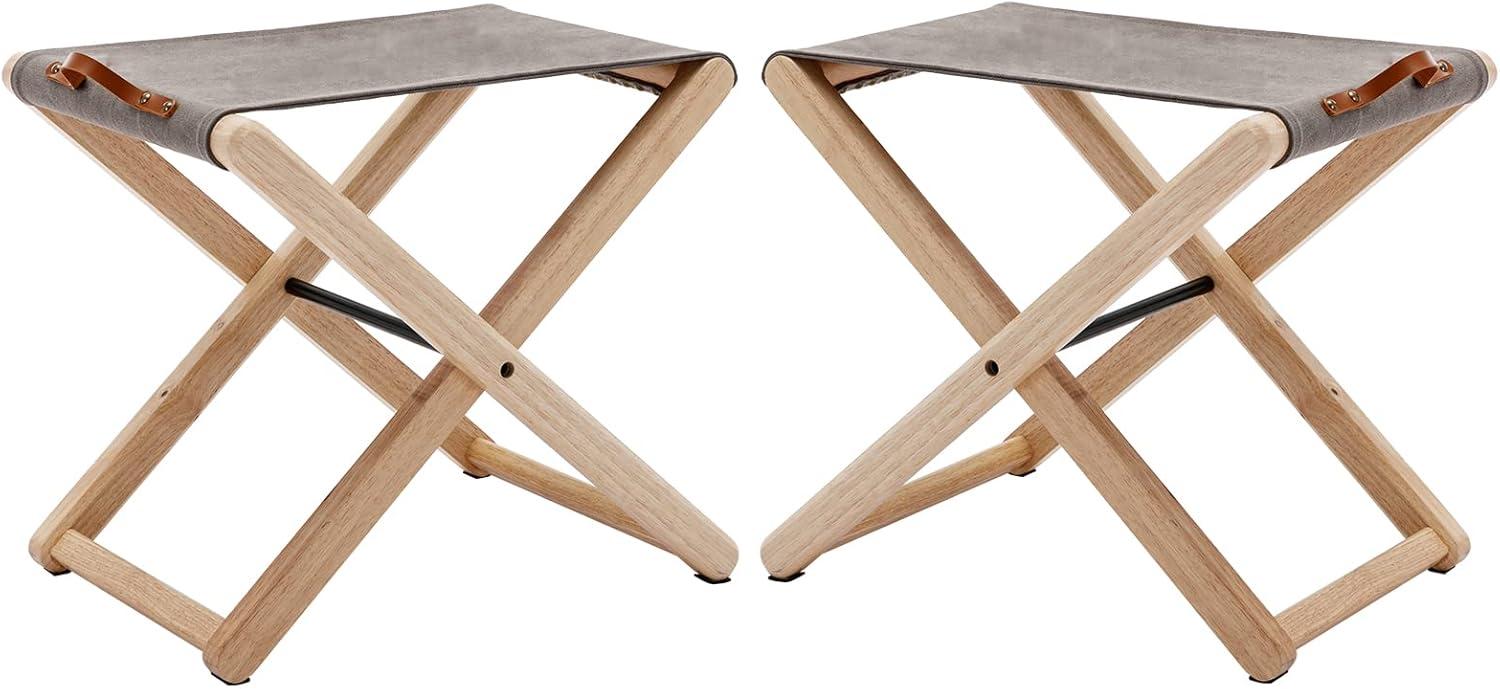 Folding Chairs Patio Stool for Camping Solid Wood Teak and Fabric (Set of 2)