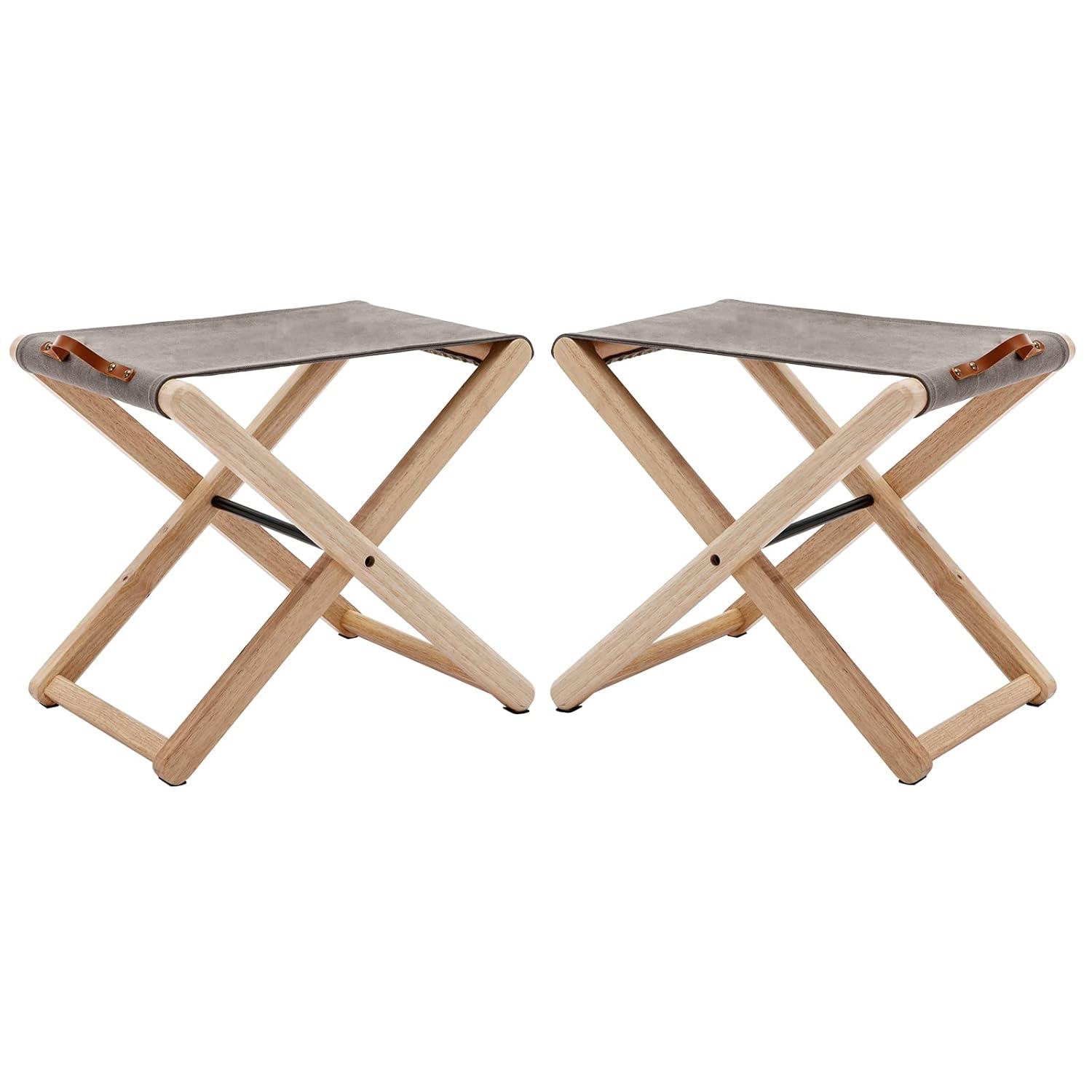 Folding Chairs Patio Stool for Camping Solid Wood Teak and Fabric (Set of 2)