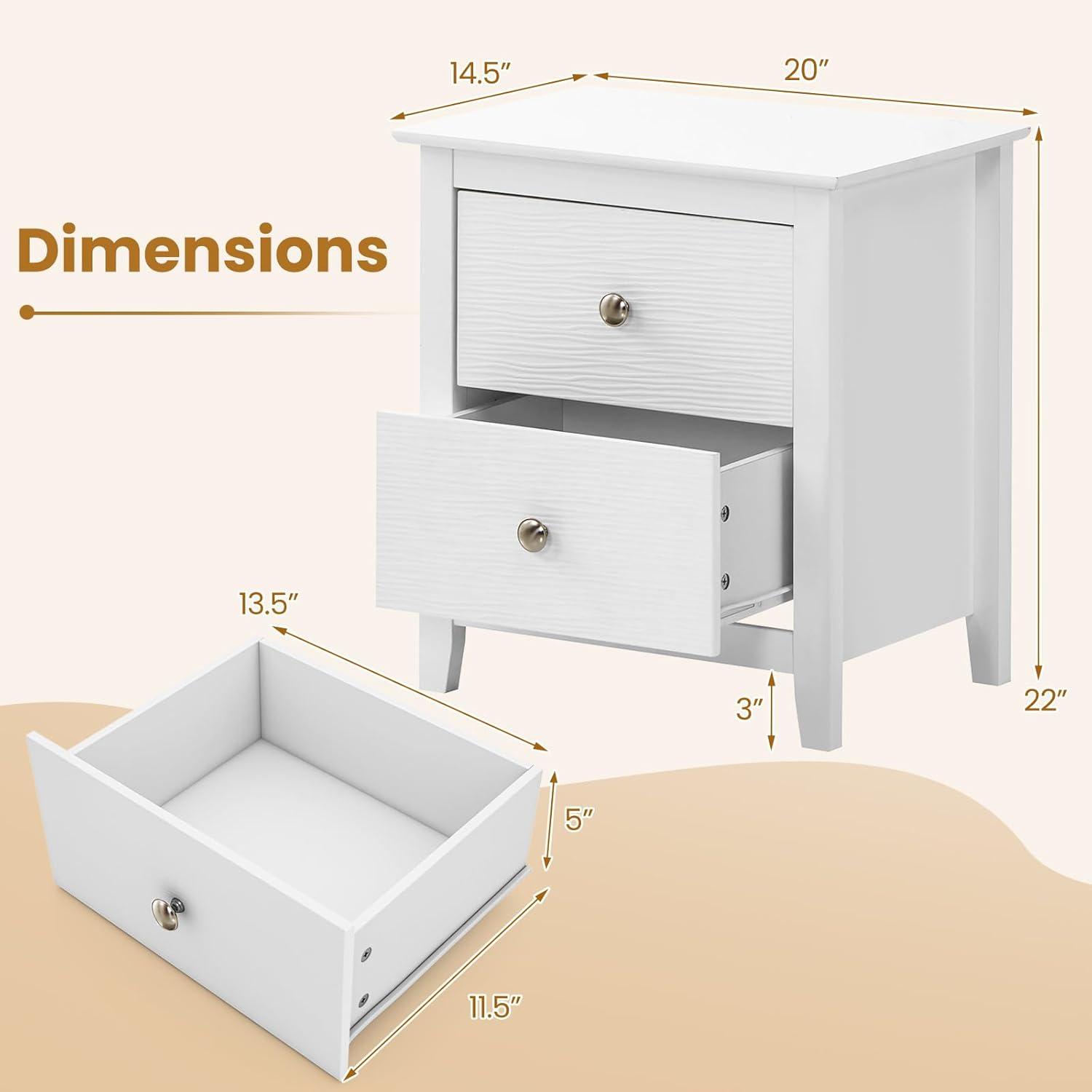 Tangkula Modern Nightstand with Storage 2 Drawers & Support Legs for Bedroom White
