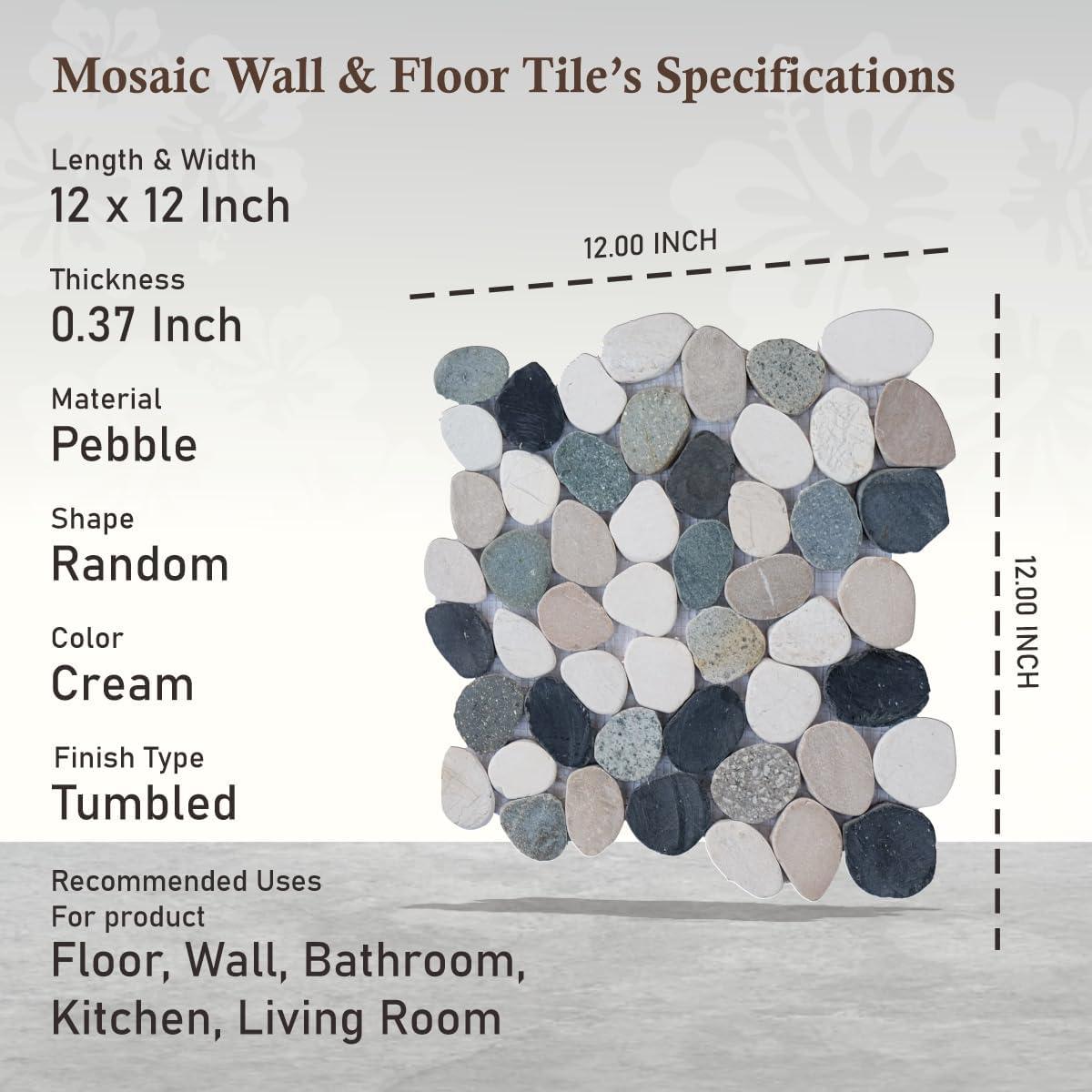 b.o.i Hawaii 12" x 12" Natural Stone Pebbles Mosaic Wall & Floor Tile