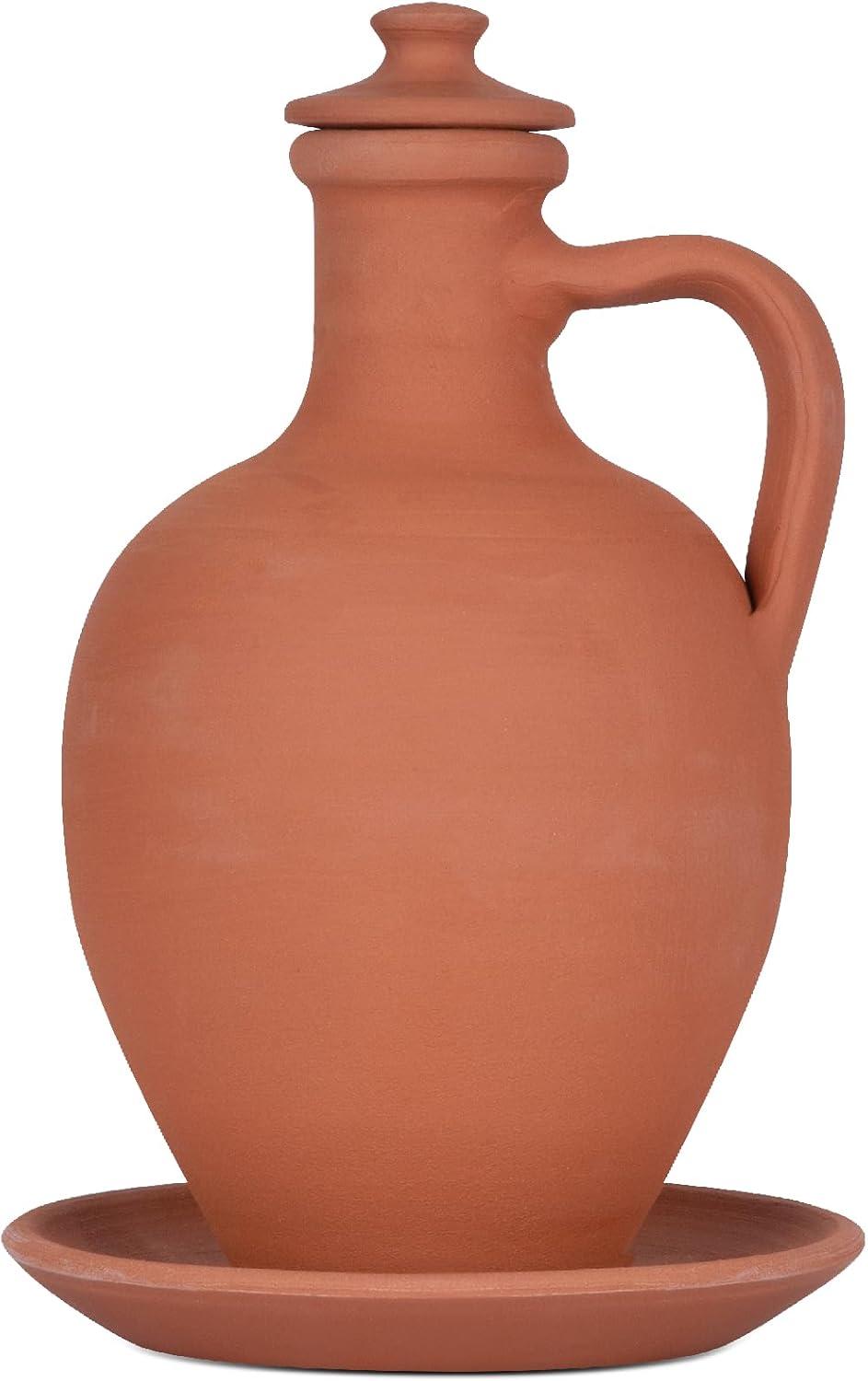 Natural Clay Water Pitcher, Unglazed Terracotta Carafe, Brown, 3.3 Qts.