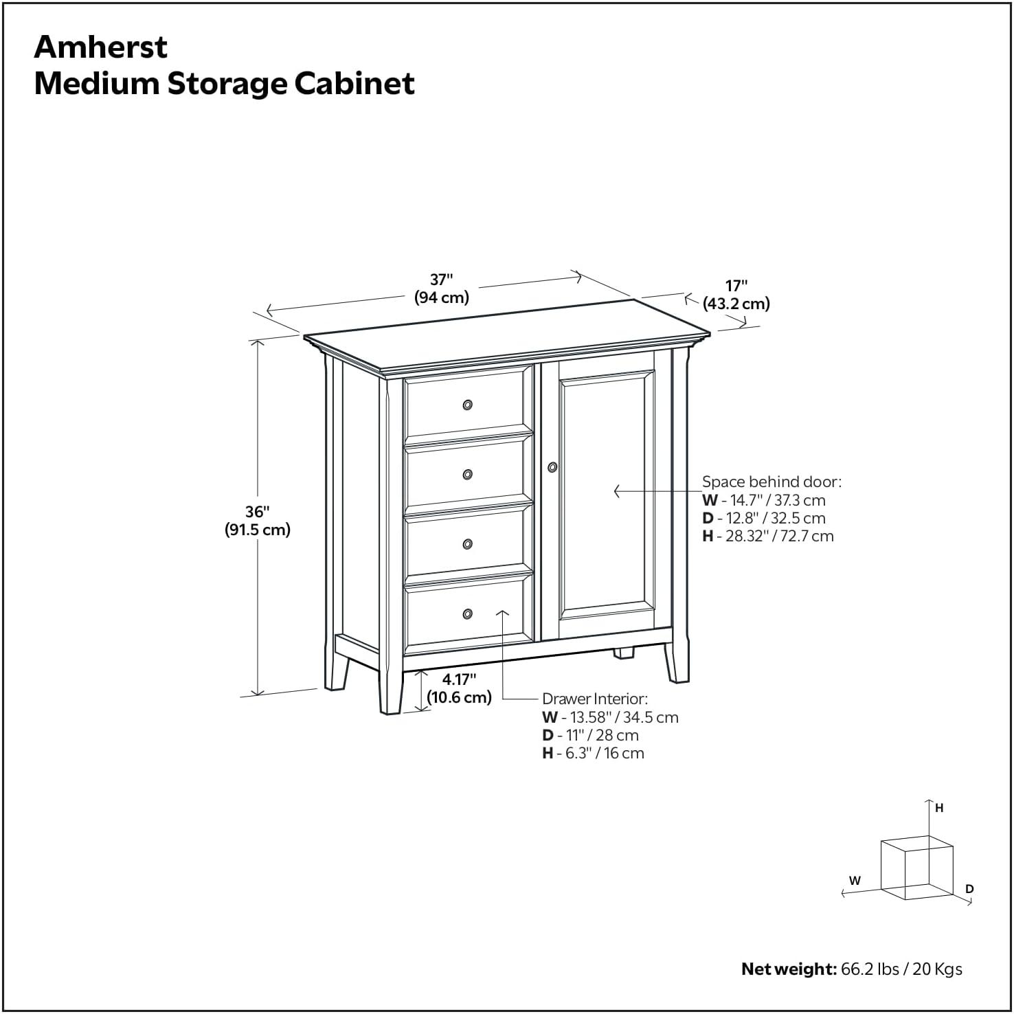Simpli Home Amherst 32"W Solid Wood 2-Shelf Low Storage Cabinet with Adjustable Shelves and Tapered Legs