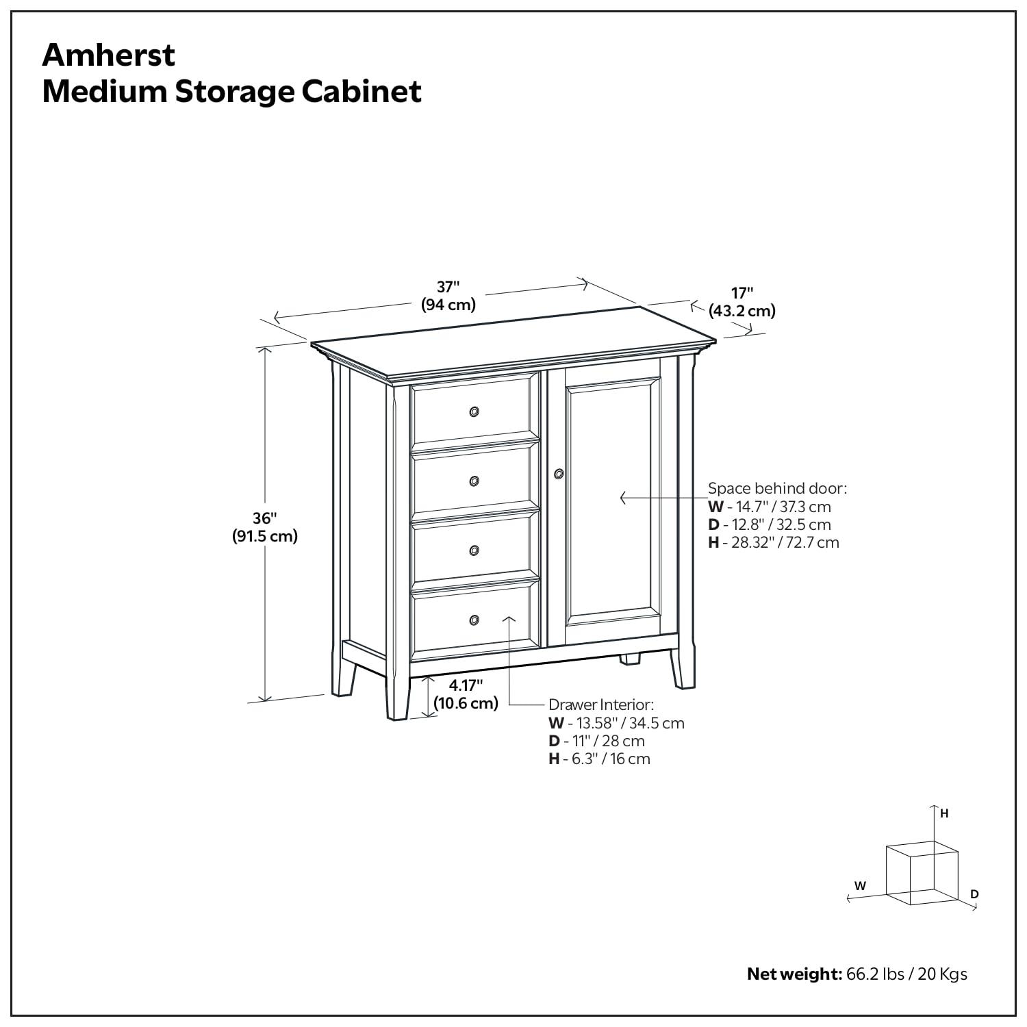 Simpli Home Amherst 32"W Solid Wood 2-Shelf Low Storage Cabinet with Adjustable Shelves and Tapered Legs