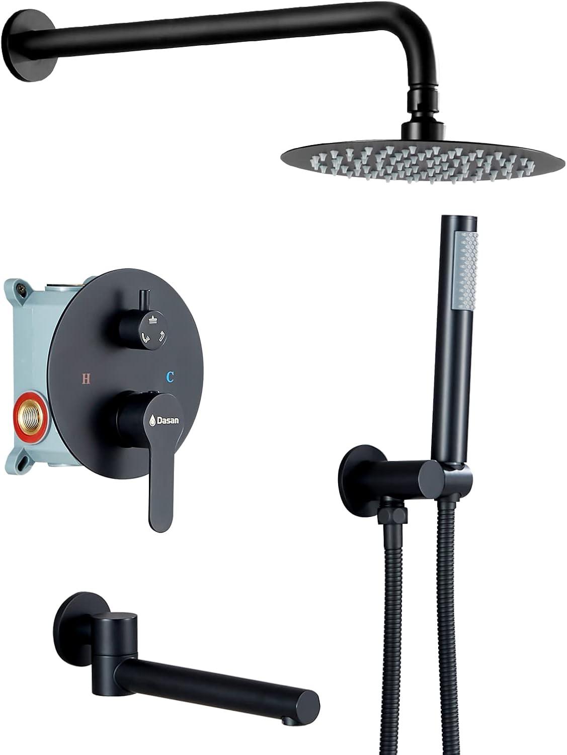 Shower System Shower Faucet Sets for Bathroom with High Pressure 10-inch Rain Shower head and Handheld Shower Head and Brass Valve Inclued, Matte Black