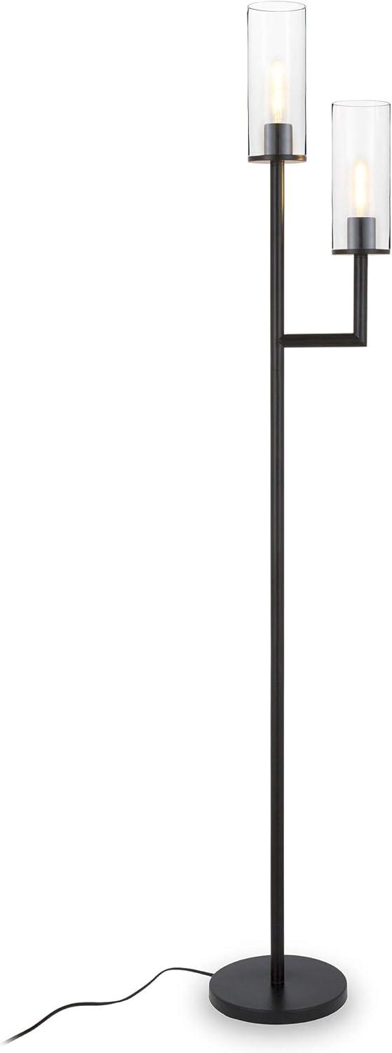 Evelyn&Zoe Basso 2-Light Torchiere Floor Lamp with Glass Shade in Polished Nickel/Clear