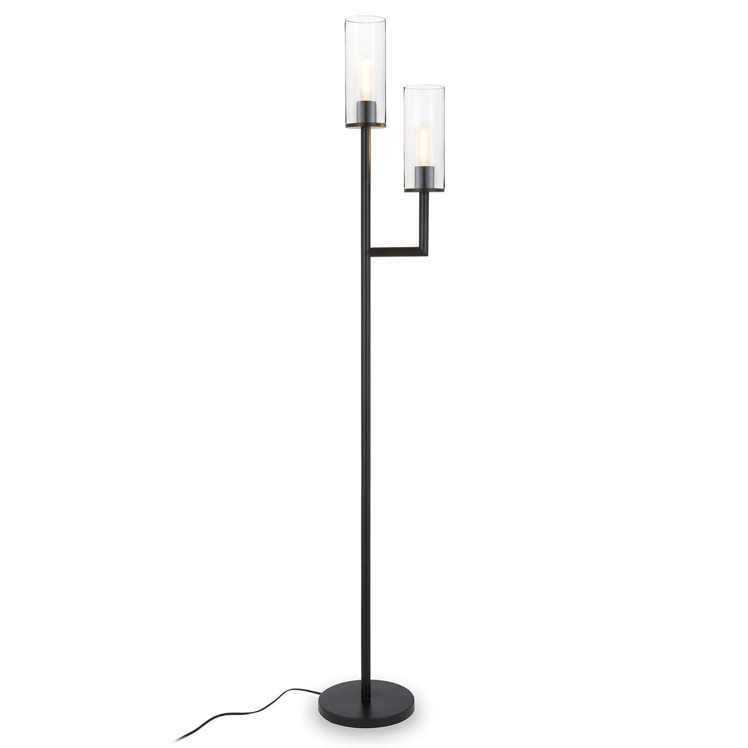 Evelyn&Zoe Basso 2-Light Torchiere Floor Lamp with Glass Shade in Polished Nickel/Clear