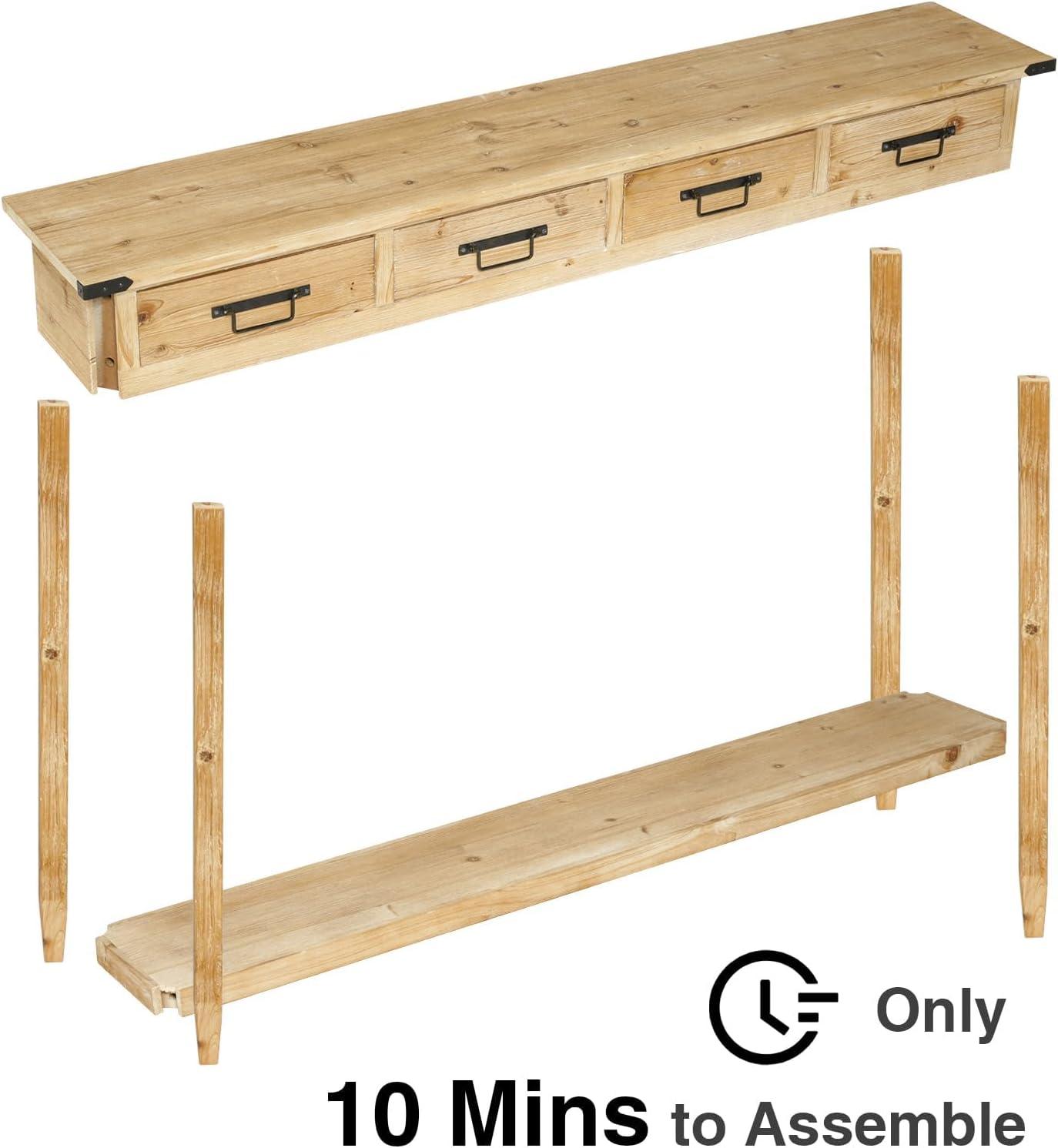 Natural Rustic Wood Console Table with Drawers and Shelves