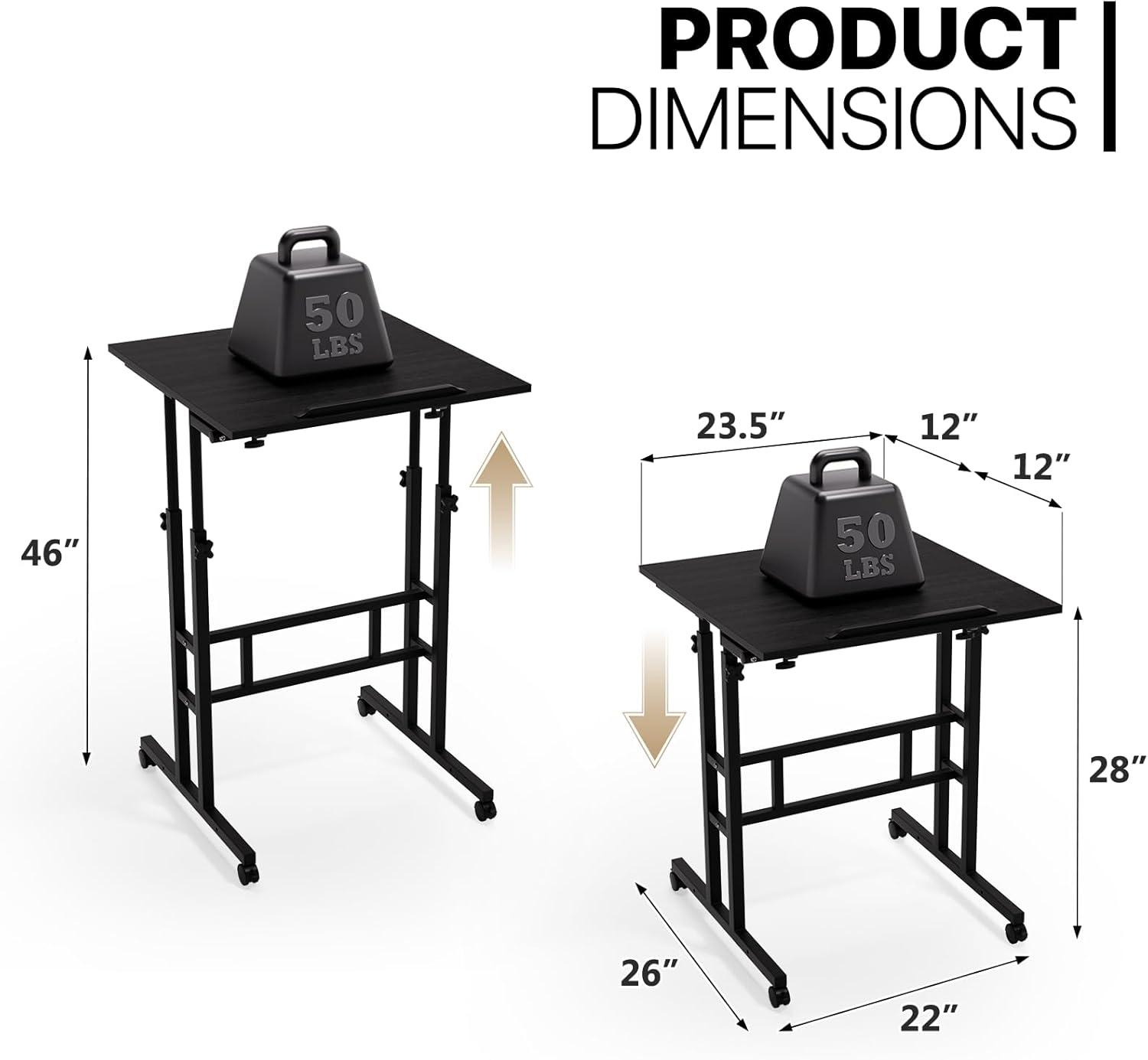 Inbox Zero Oziel Mobile Computer Desk, Adjustable Height Laptop Standing Desk with Tilting Tabletop and Monitor Shelf