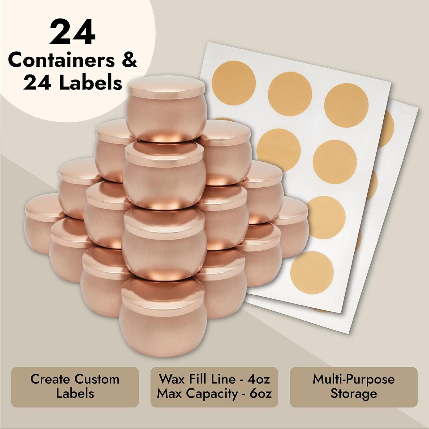 Bright Creations 24 Pack Candle Jars for Making Candles 4oz, Bulk Empty Tins with Lids and Labels for DIY Crafts, Gifts (Rose Gold, 3x2 in)