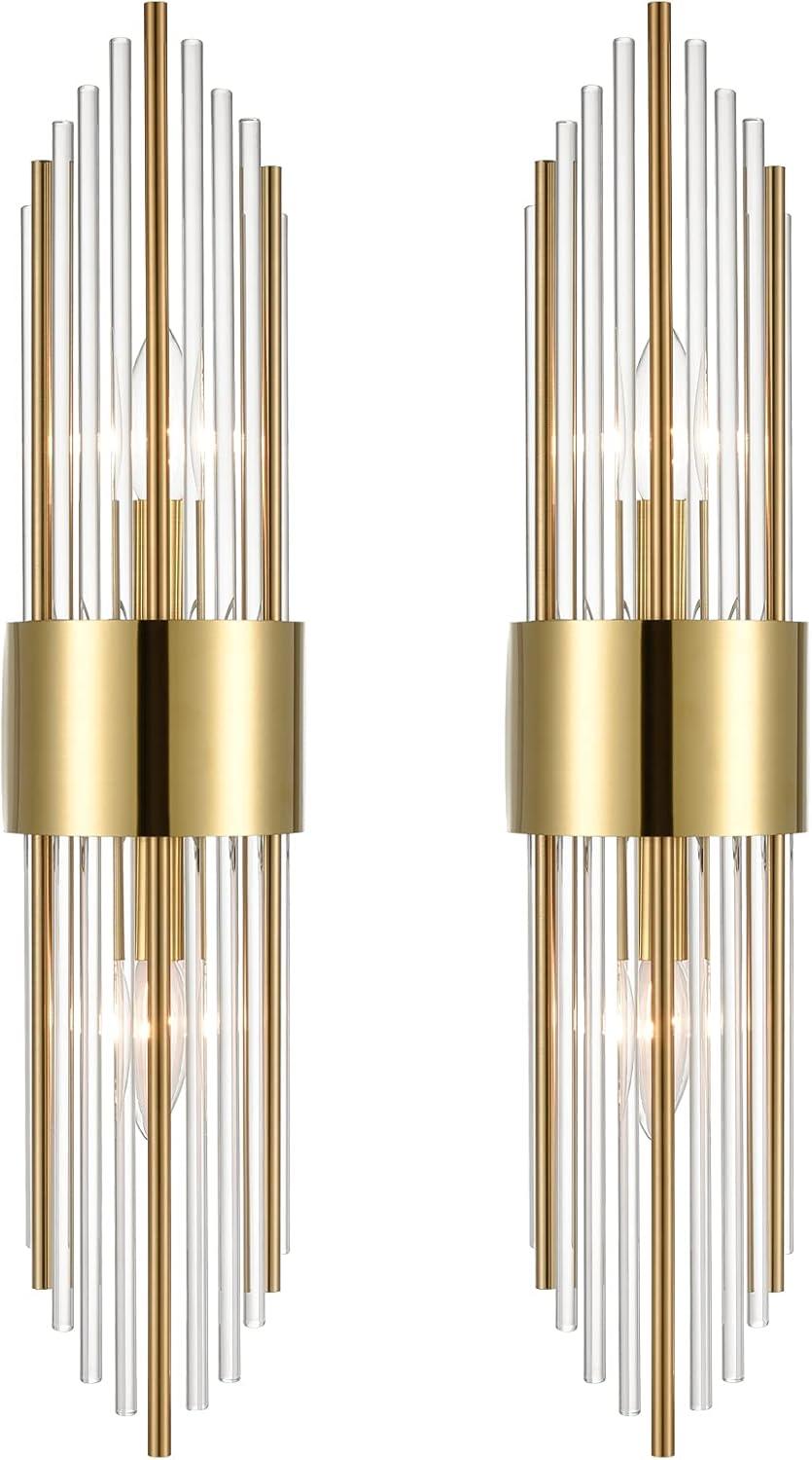 2-Light Modern Brushed Titanium Gold Wall Sconce with Clear Glass Crystal