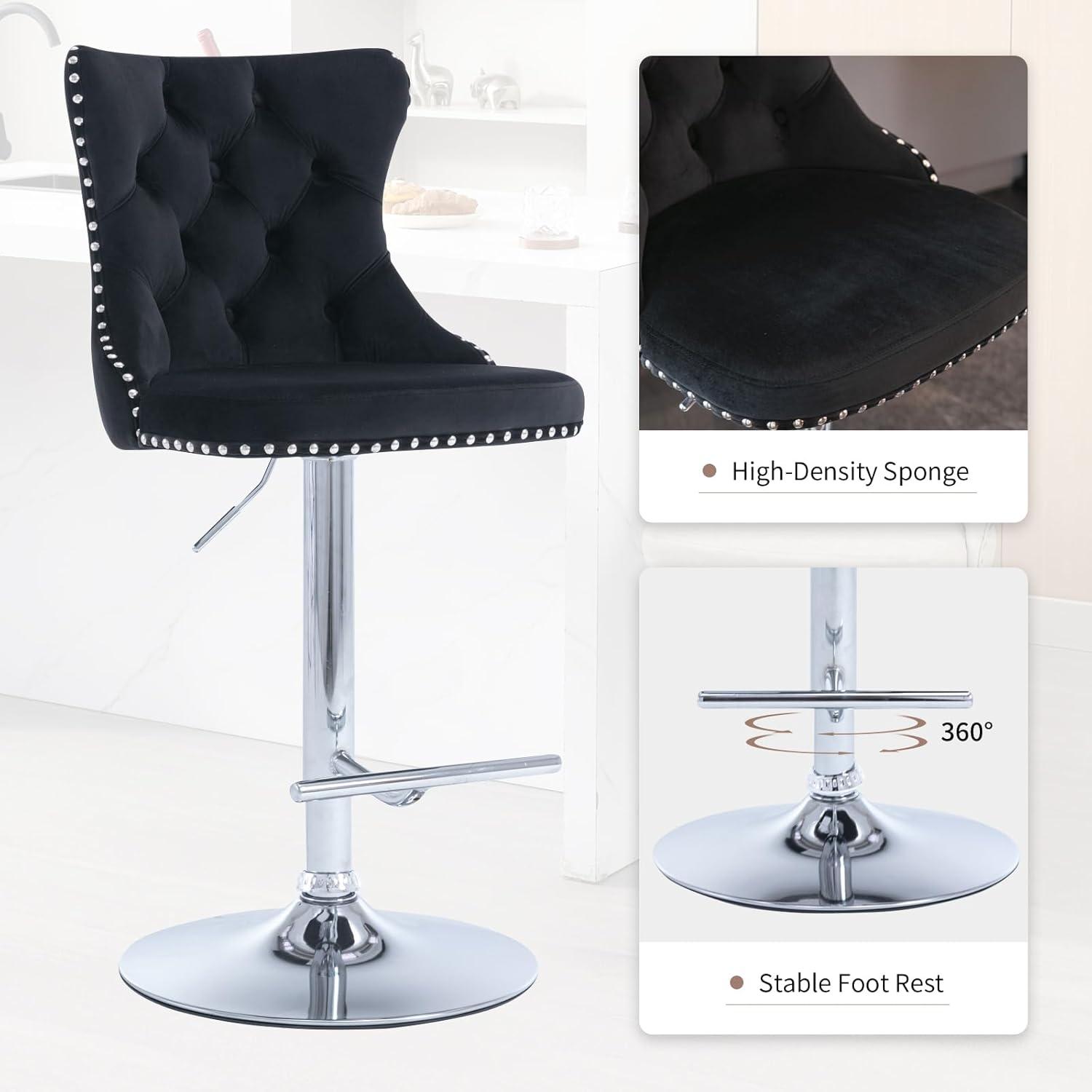 Swivel Barstools with High Back, 2pcs Velvet Bar Chairs with Button Tufted and Nailheads Trim, Counter Height Bar Stools for Home Bar Kitchen Island Cafe,Adjusatble Seat Height, Black+Silver