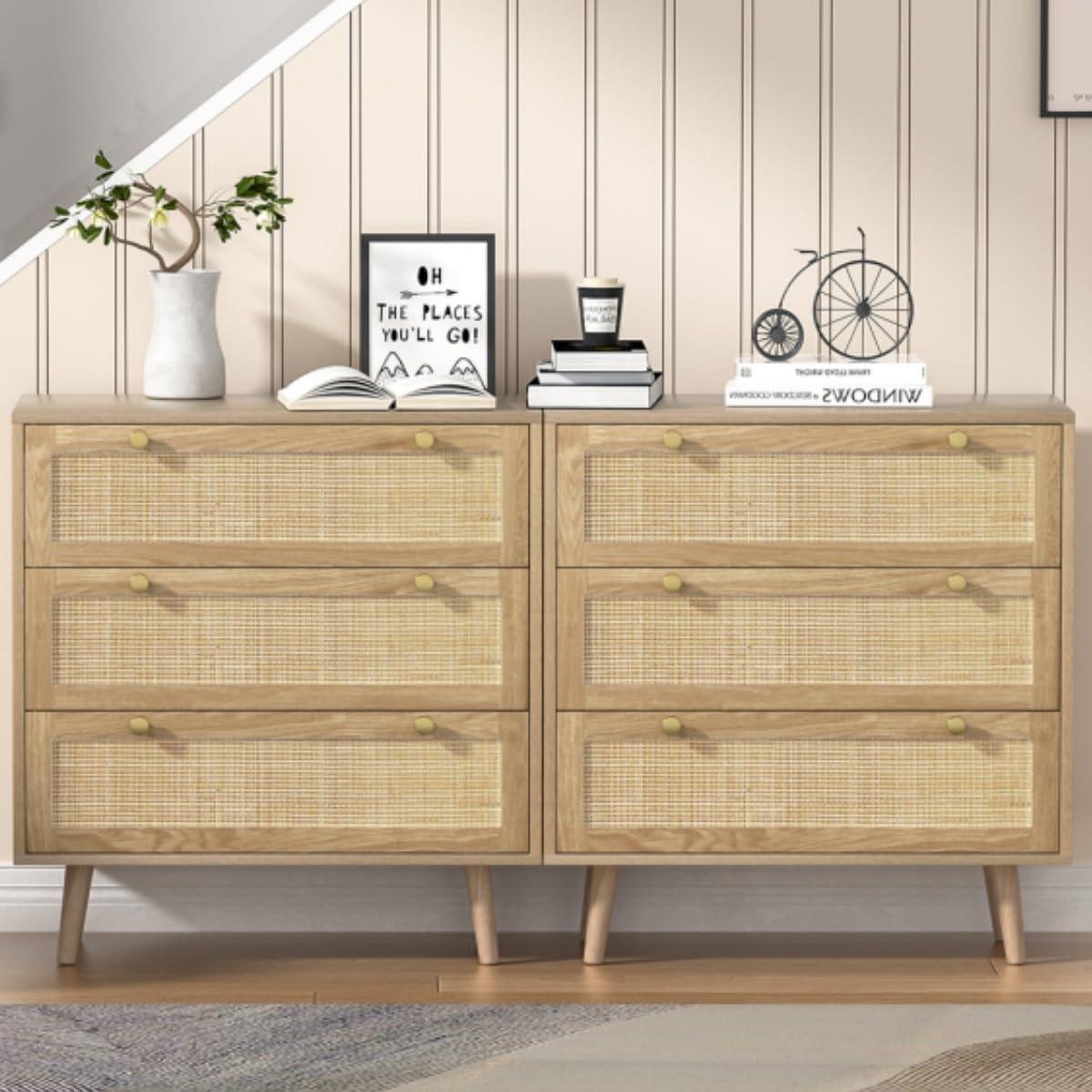 Natural Wood and Rattan 3-Drawer Dresser Set with Golden Handles