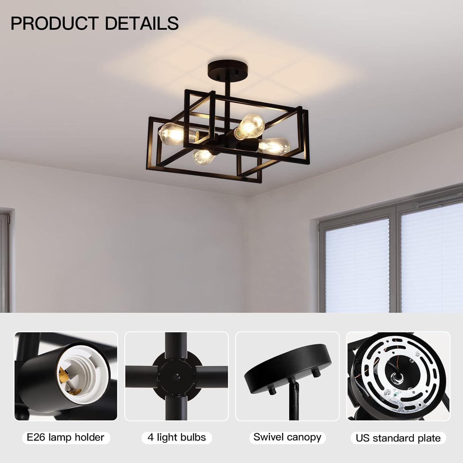 Matte Black 4-Light Industrial Farmhouse Ceiling Fixture