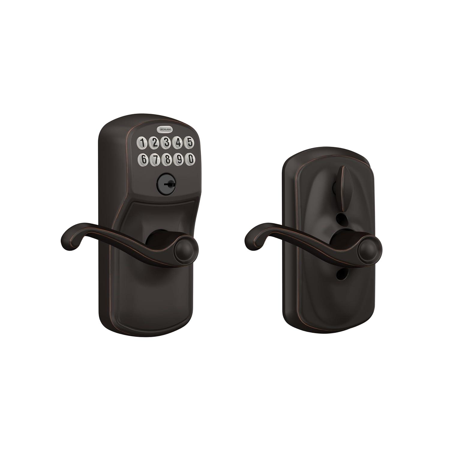SCHLAGE FE595 PLY 716 FLA Plymouth Keypad Entry with Flex-Lock and Flair Style Levers, Aged Bronze