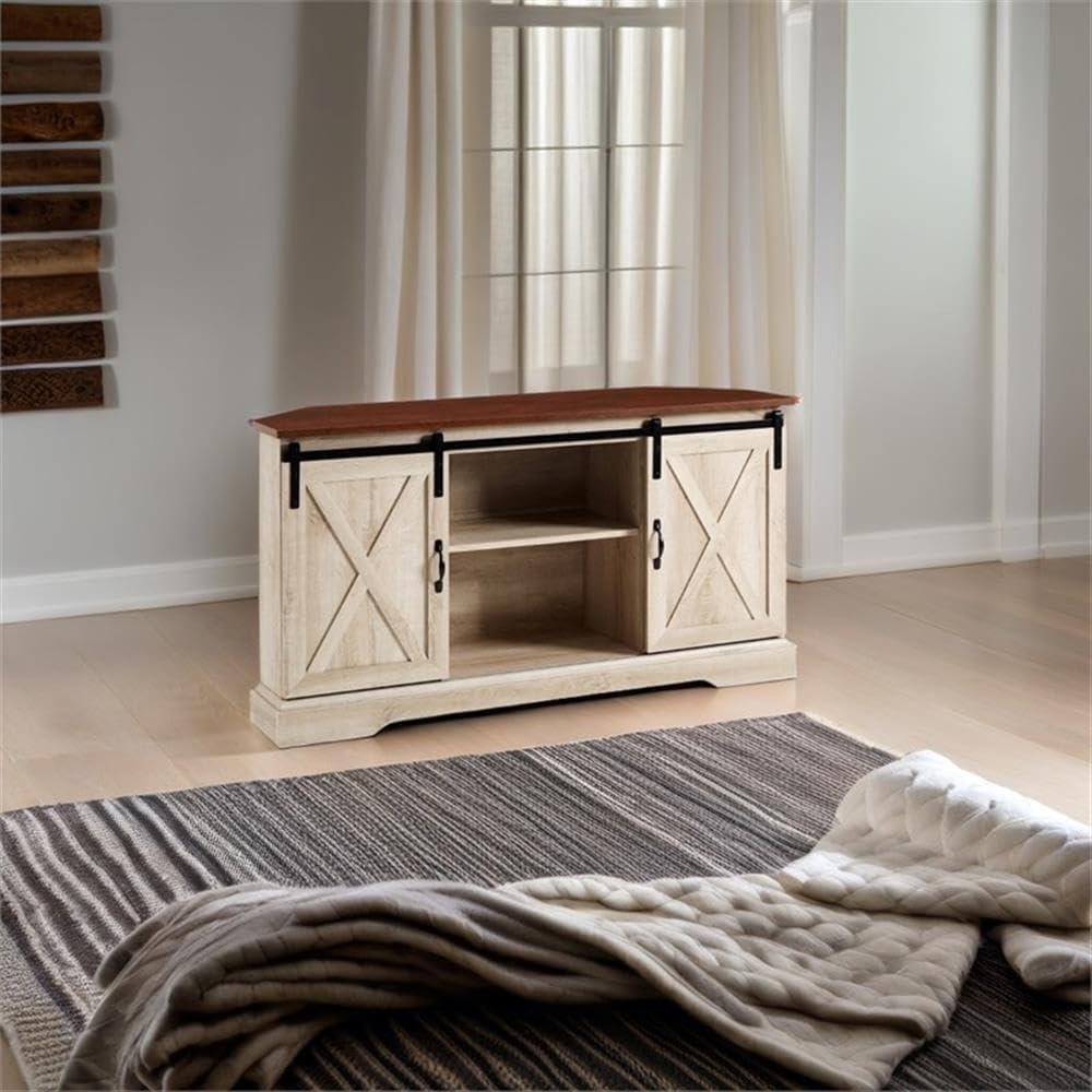 Traditional Brown and White Oak Corner TV Stand with Sliding Barn Doors