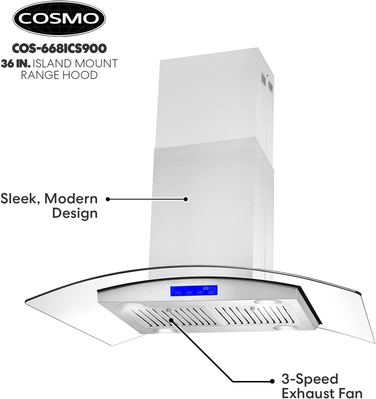 Cosmo COS-668ICS900 36 Inch Island Range Hood w/ Touch Controls, Stainless Steel