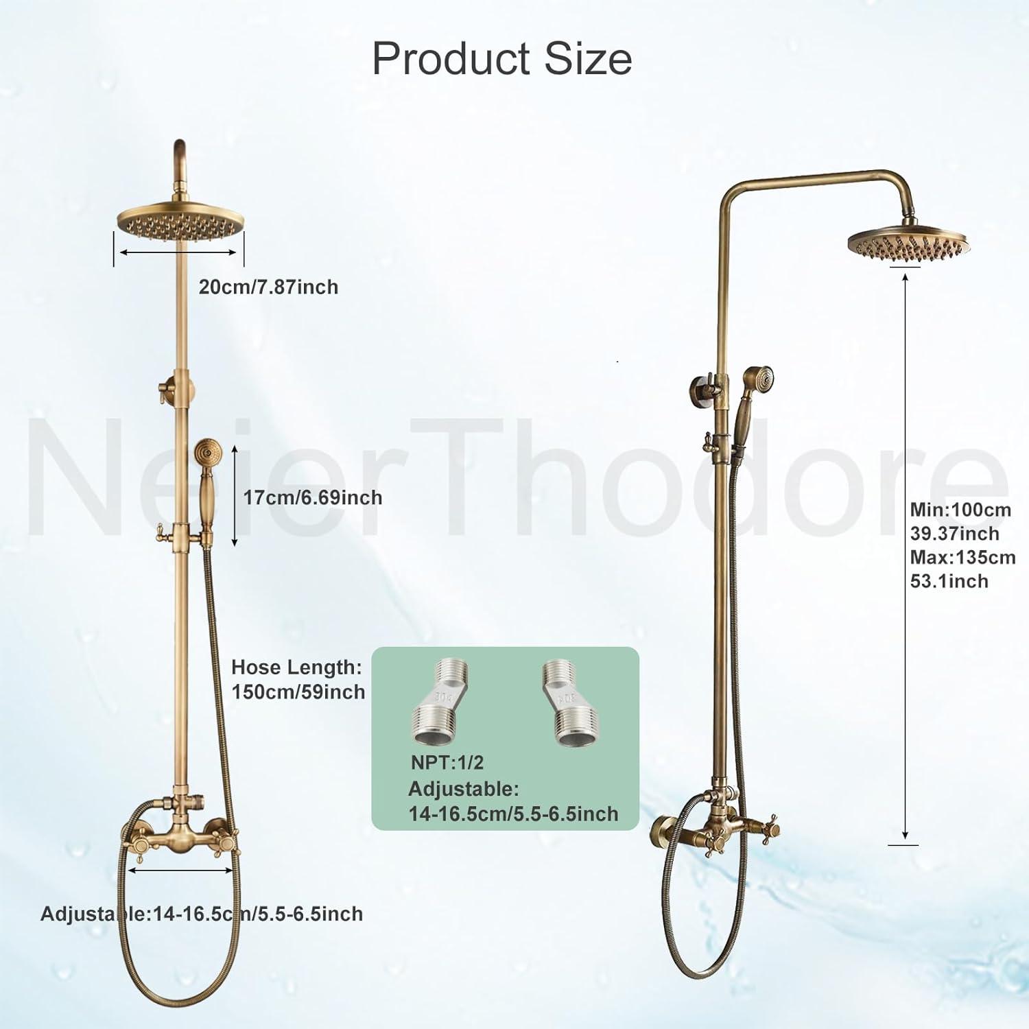 Zovajonia Antique Brass Shower Fixture Set 8" Rain 2 Knobs Shower Faucet Combo System