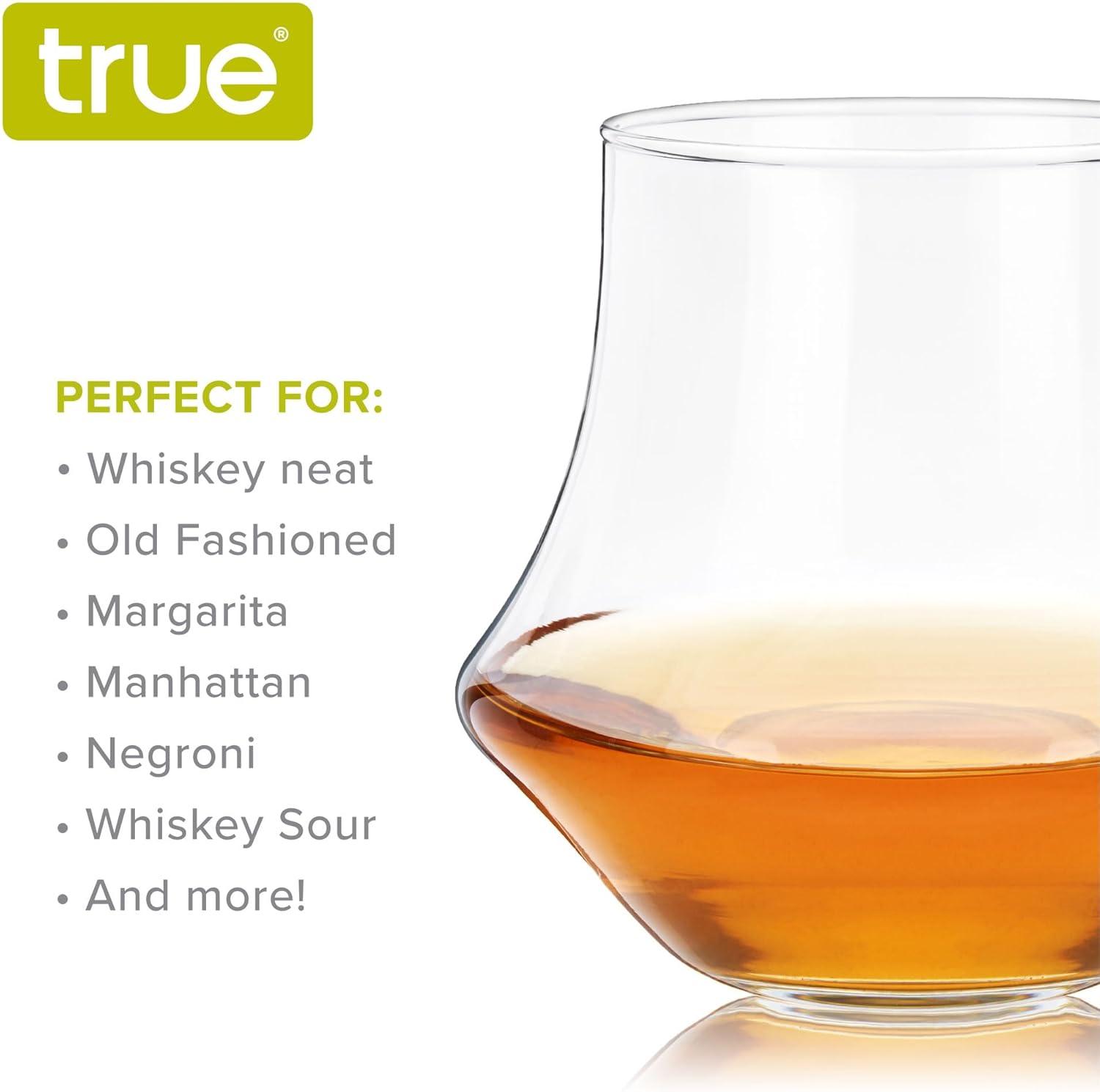 True Whiskey Glasses, Tumblers for Bourbon, Scotch, Curved Stylish Whisky Sipping Glass, 12 Ounces, set of 4