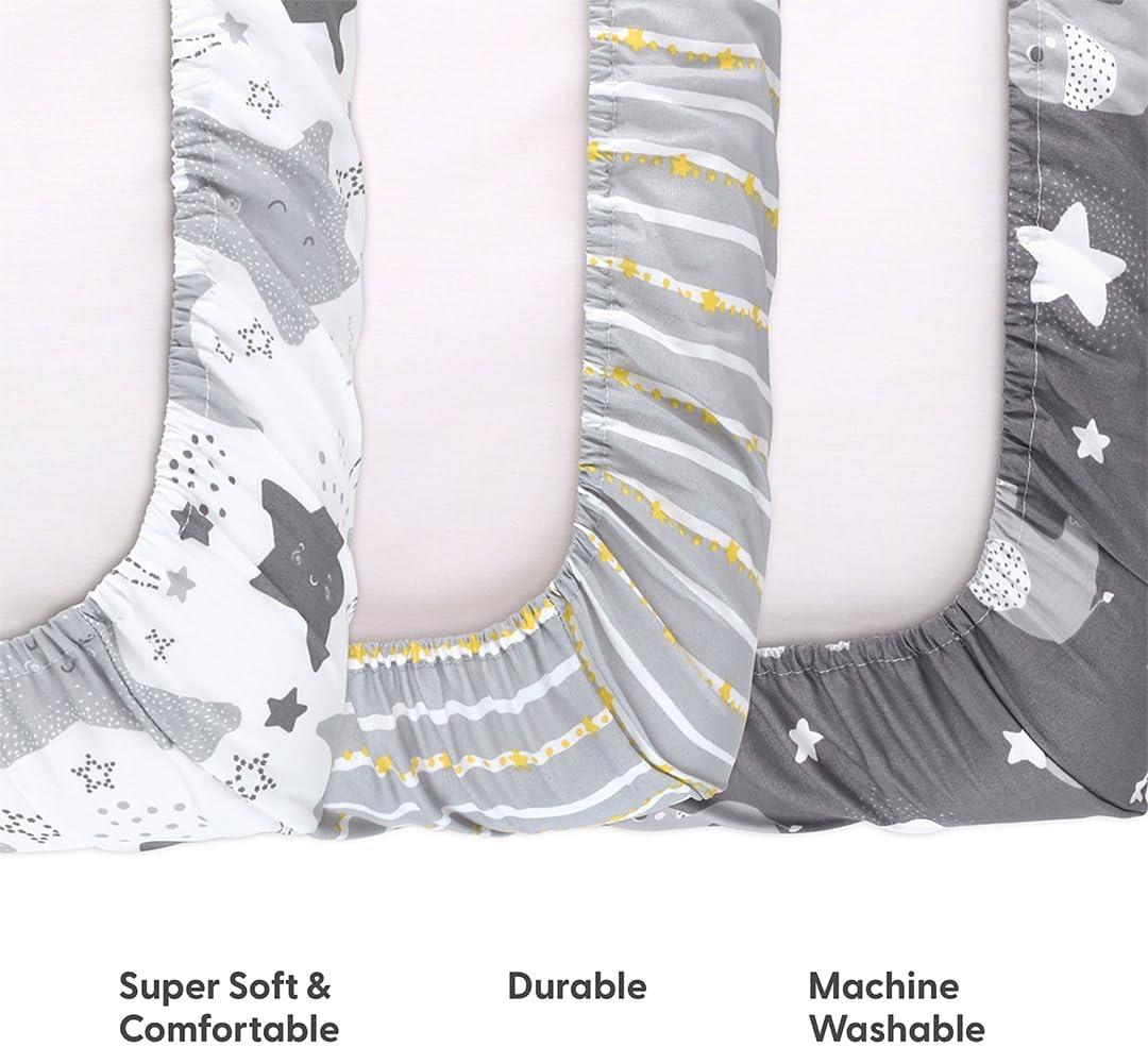 The Peanutshell Pack n Play, Mini Crib, Portable Crib or Fitted Playard Sheets for Baby Boy or Girl, Celestial Elephant, 3 Pack Set