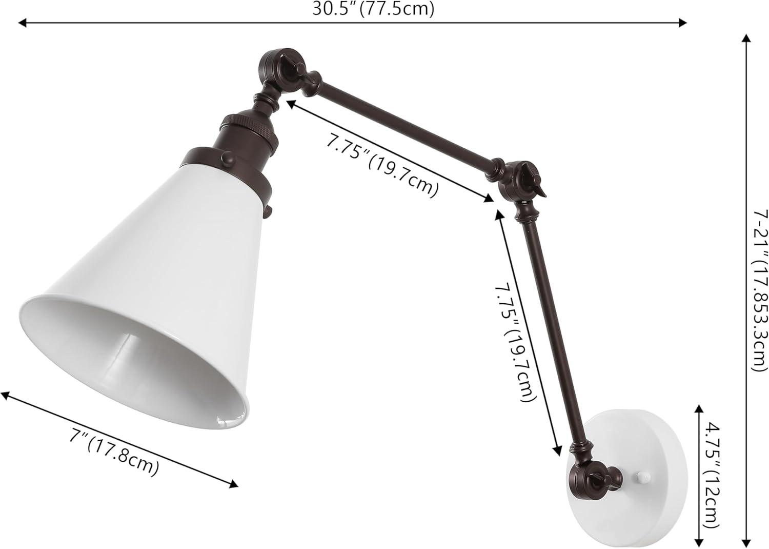 JONATHAN Y Rover 7" Classic Industrial Metal Adjustable Arm LED Wall Sconce, White/Oil Rubbed Bronze (Set of 2)