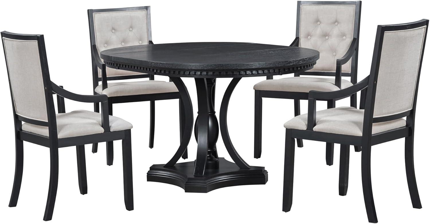 Merax Retro 5-Piece Dining Set with Extendable Round Table and 4 Chairs for Kitchen, 42-58" x 42" x 30", Black