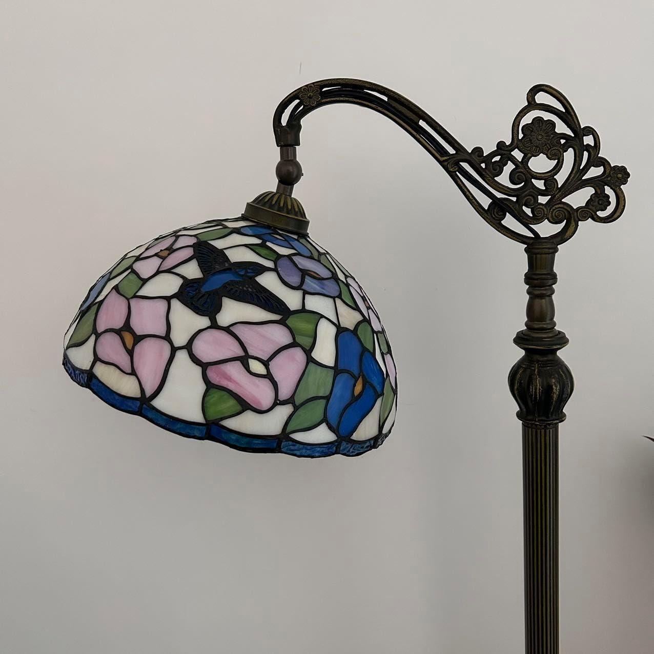 Tiffany Floor lamps Pink blue stained glass Hummingbird Flowers LED Bulb Included Gooseneck Adjustable Corner Standing Reading Light for Living Room Bedroom 20"W*12"D*63"H