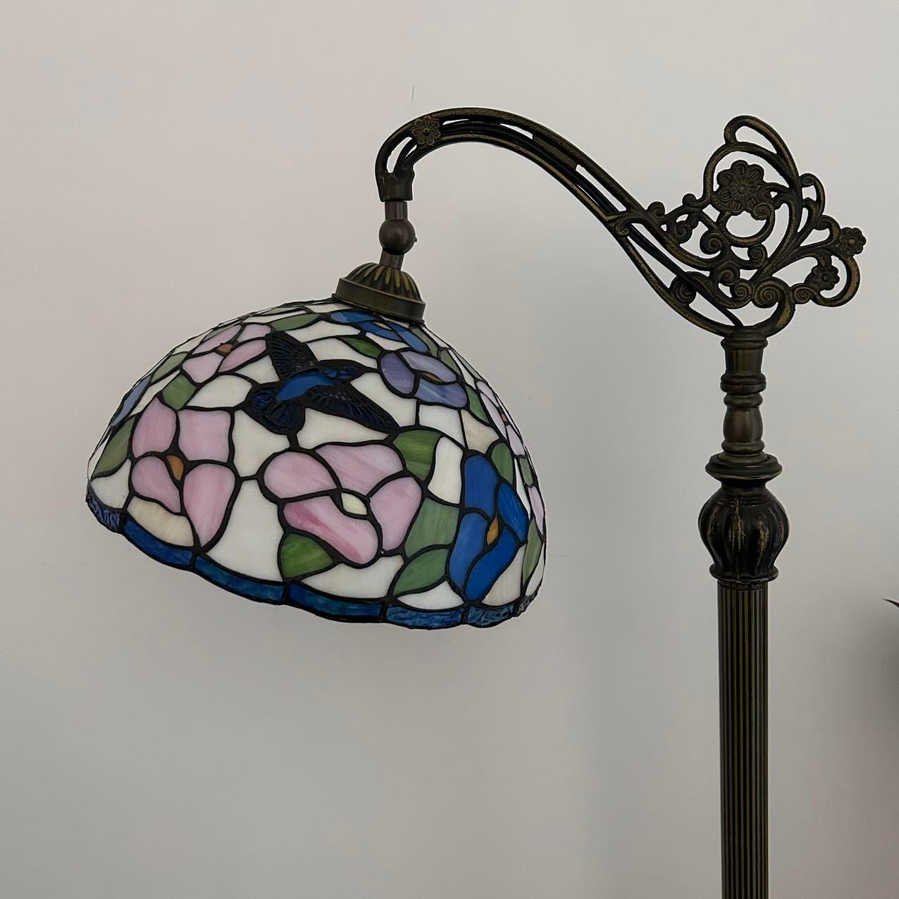 Enjoy Décor Lamps 63-Inch Tiffany 1-Light Hummingbird Flowers Bronze Gooseneck Adjustable Corner Standing Reading LED Floor Lamp with Stained Glass Bowl