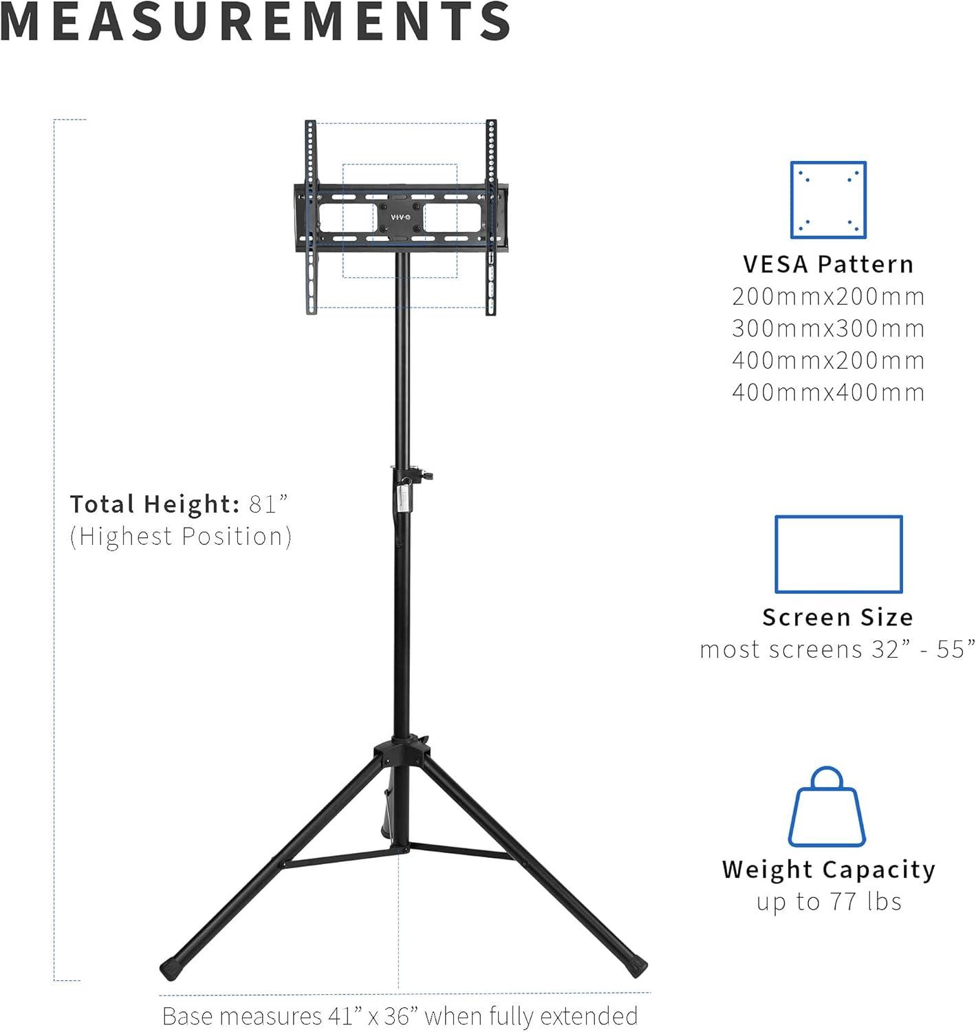 Adjustable Black Steel TV Stand 32"-55" with Tripod Design