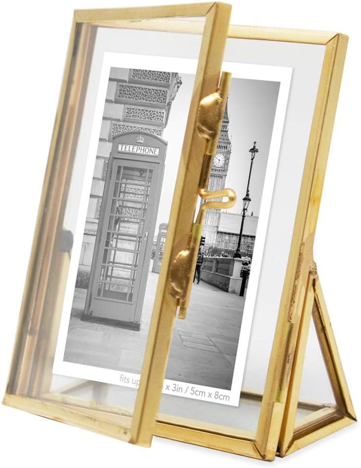 Isaac Jacobs 2x3, Antique Gold, Vintage Style Brass and Glass, Floating Photo Frame, Metal, Vertical, with Locket Closure and Angled Base