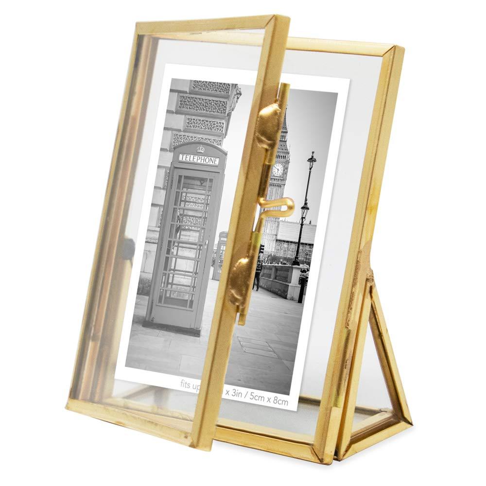 Isaac Jacobs 2x3, Antique Gold, Vintage Style Brass and Glass, Floating Photo Frame, Metal, Vertical, with Locket Closure and Angled Base