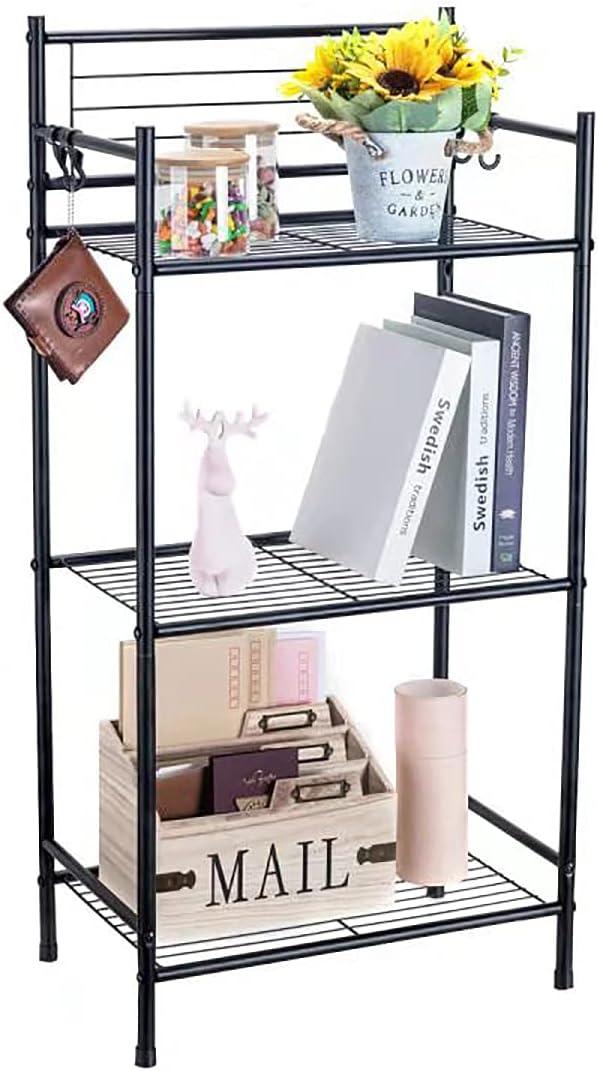 Black 3-Tier Metal Wire Shelving Unit with Hooks