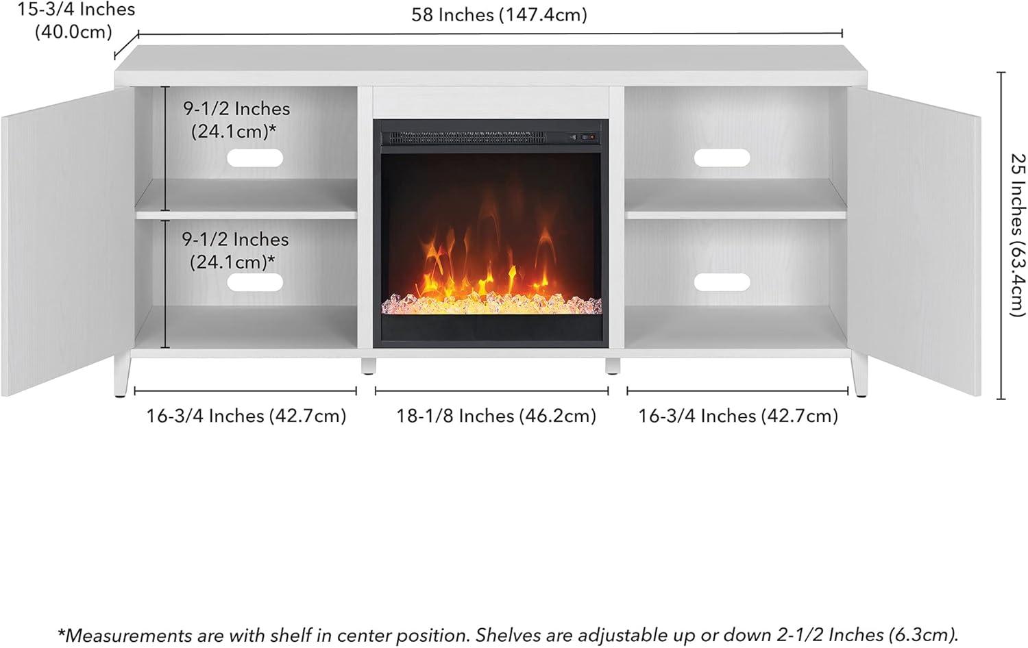 White MDF TV Stand with Crystal Fireplace and Storage Cabinets