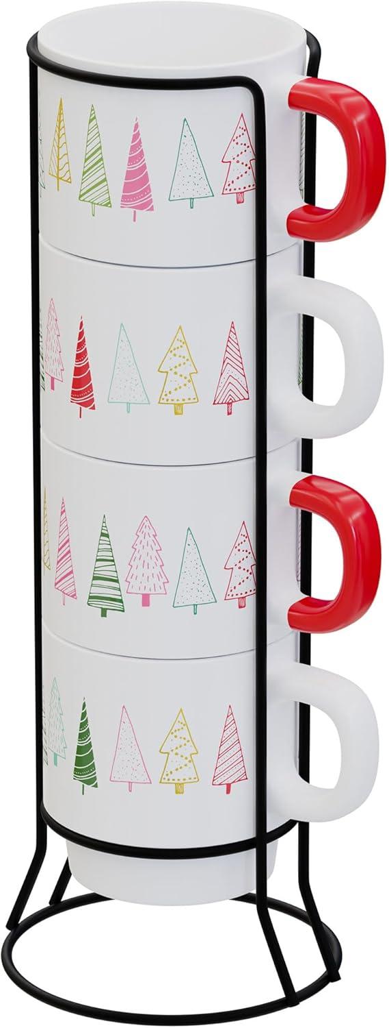 American Atelier Christmas Ceramic Mug & Rack Set - 4 Cups & Standing Metal Rack for Kitchen Countertop, Tabletop, Island, or Café Display, 14 oz