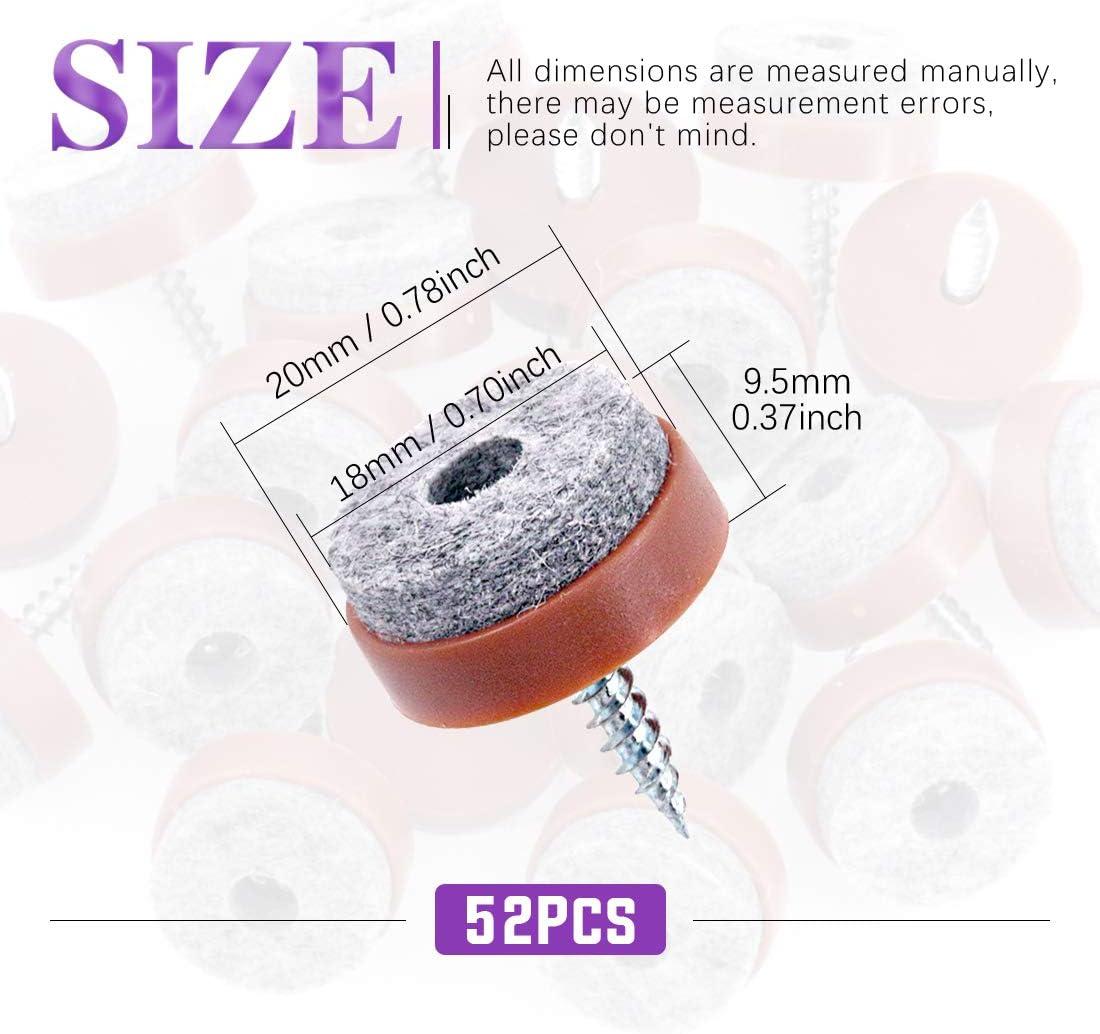 Swpeet 52Pcs 20mm Brown Furniture Felt Pads Non Slip Furniture Pads with Screw-on Felt Pad Furniture Slider Floor Protector for Wooden Leg Feet of Chair Table Sofa