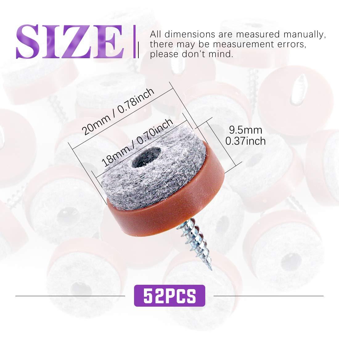 Swpeet 52Pcs 20mm Brown Furniture Felt Pads Non Slip Furniture Pads with Screw-on Felt Pad Furniture Slider Floor Protector for Wooden Leg Feet of Chair Table Sofa