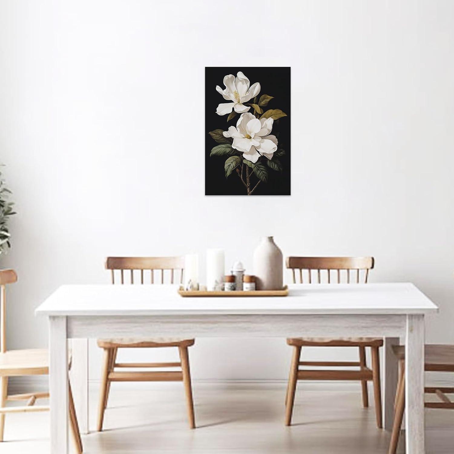 White Magnolia Floral Canvas Art with Solid Wood Frame