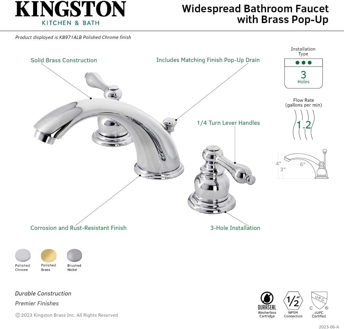 Kingston Brass Victorian Two-Handle 3-Hole Deck Mount Widespread Bathroom Faucet with Brass Pop-Up Drain