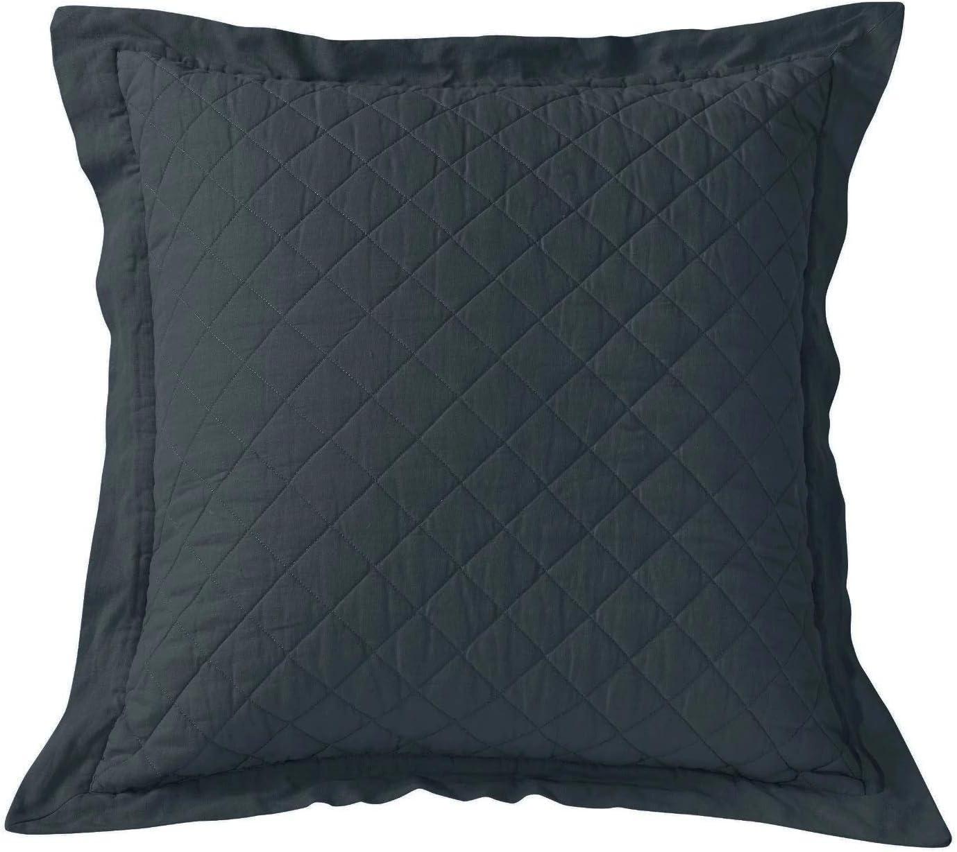 HiEnd Accents Linen Cotton Diamond Quilted Euro Sham, 27x27 inch, Navy Solid Color, Classic Traditional Rustic Style Luxury Bedding