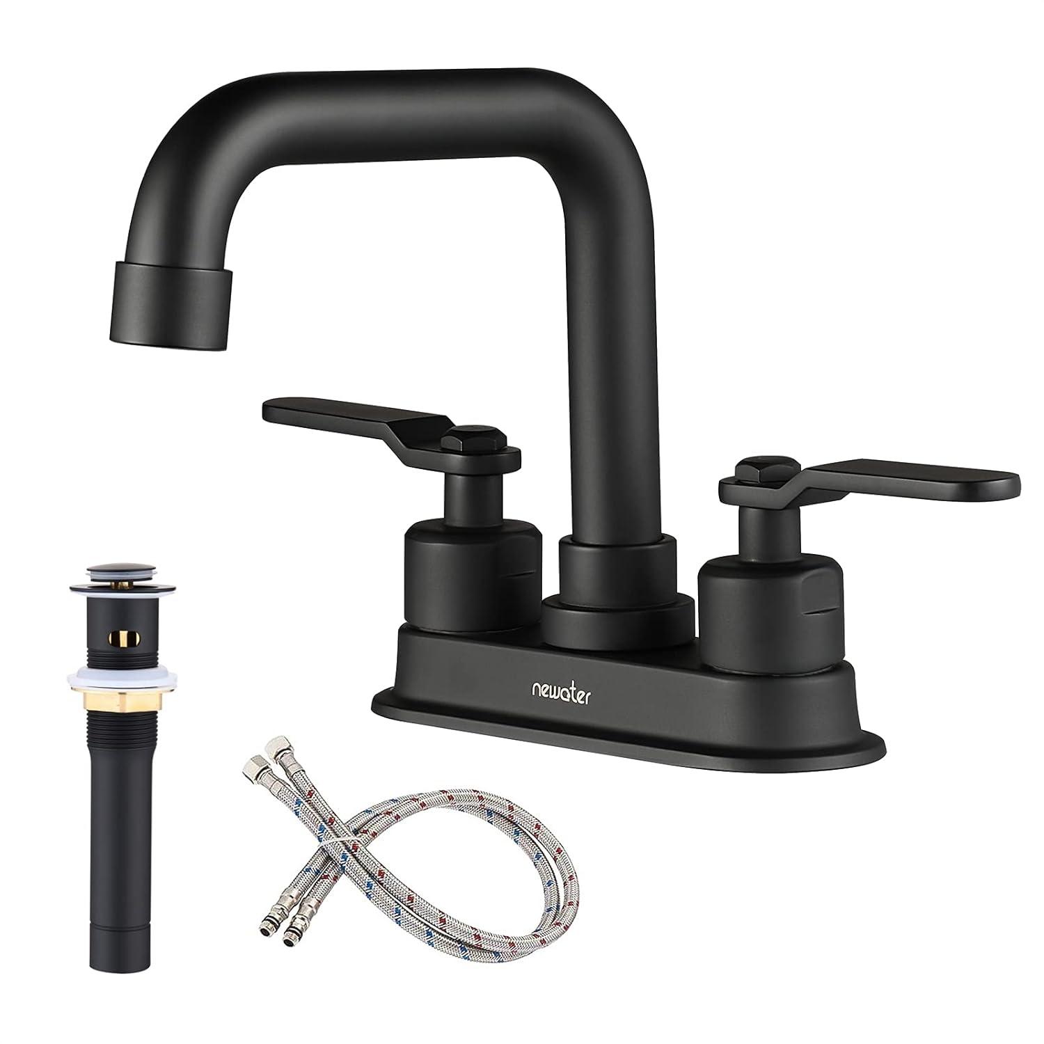 Tcbosik 2 Handle 4 Inch Bathroom Faucet, 3 Hole Centerset Vanity Sink Faucet with Pop Up Drain and Water Supply Lines, Matte Black