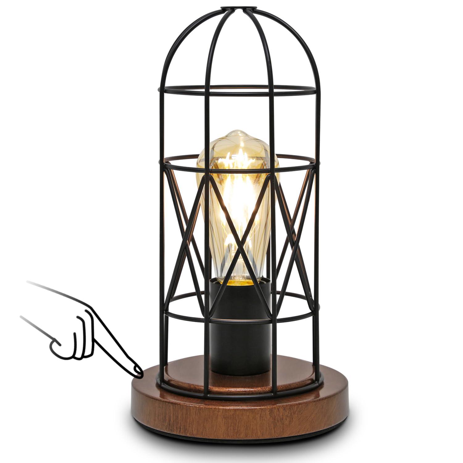 GyroVu Industrial Table Lamp, Small Touch Control Edison Desk Lamp 3 Way Dimmable Vintage Bedside Lamp with AC Outlet Metal Cage Steampunk Nightstand Lamp for Living Room, Bedroom or Den